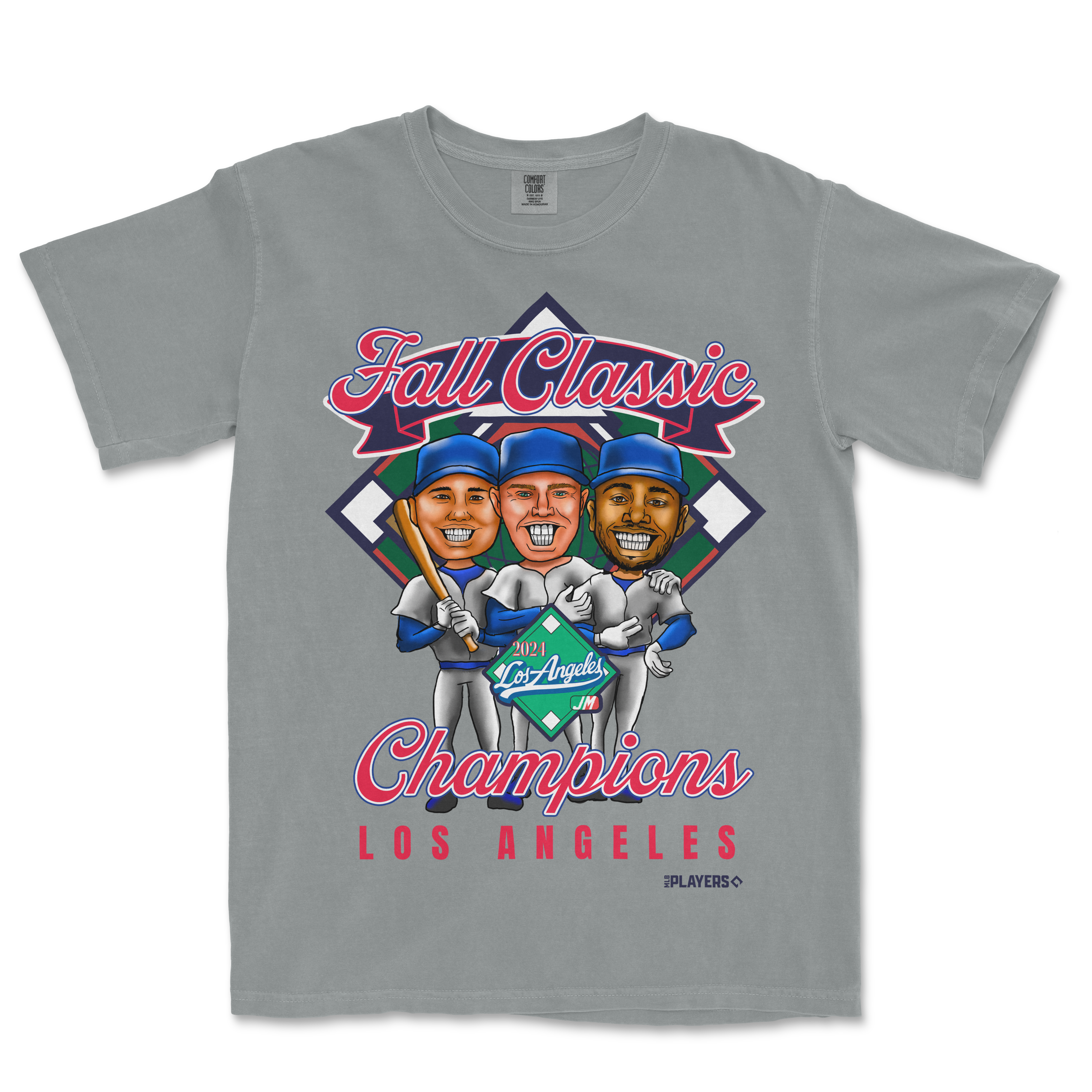 Gray T-shirt featuring cartoon-style baseball players holding a bat and trophy, celebrating 2024 Los Angeles Champions.