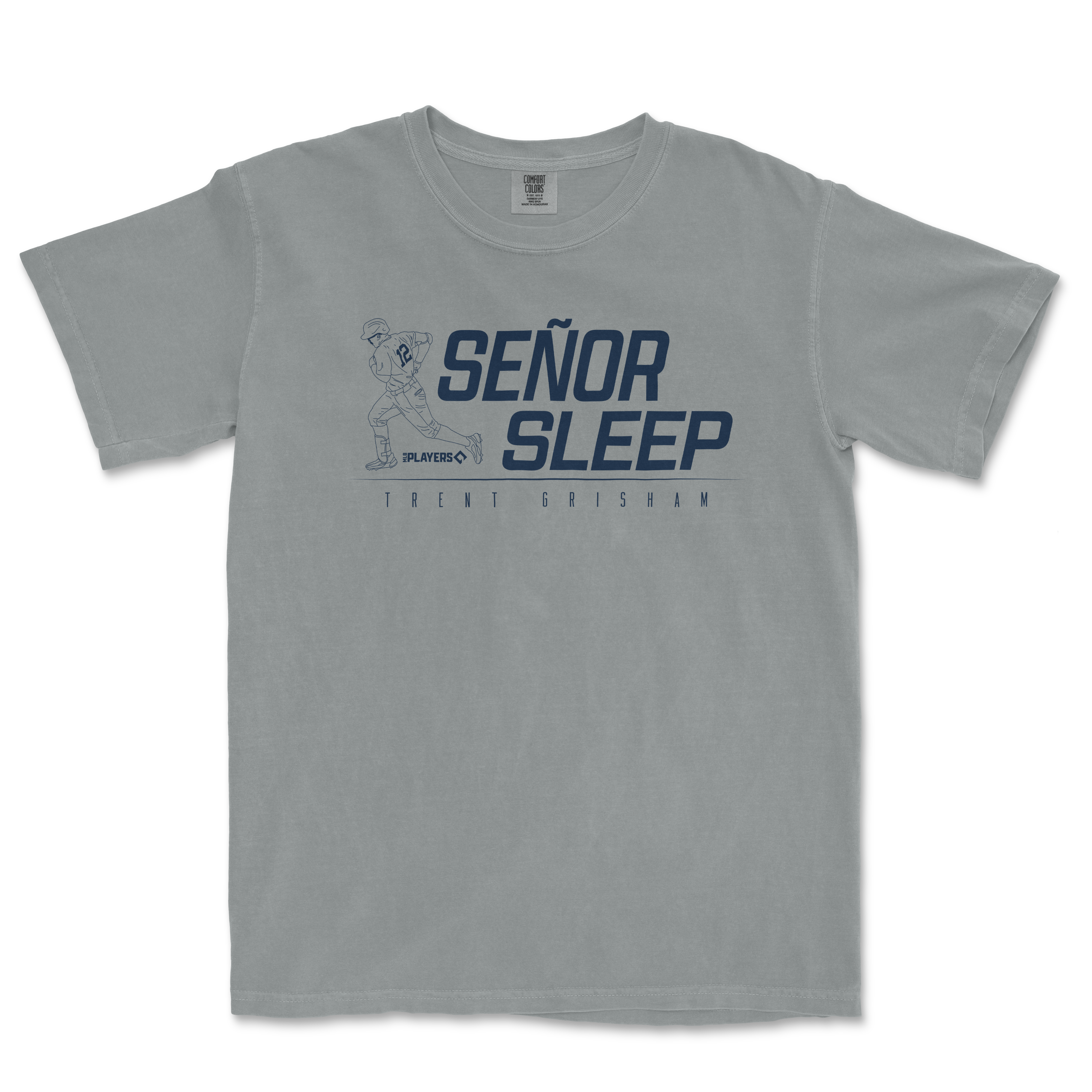 Gray T-shirt featuring a baseball player illustration, bold "Señor Sleep" text, and "Trent Grisham" name below.