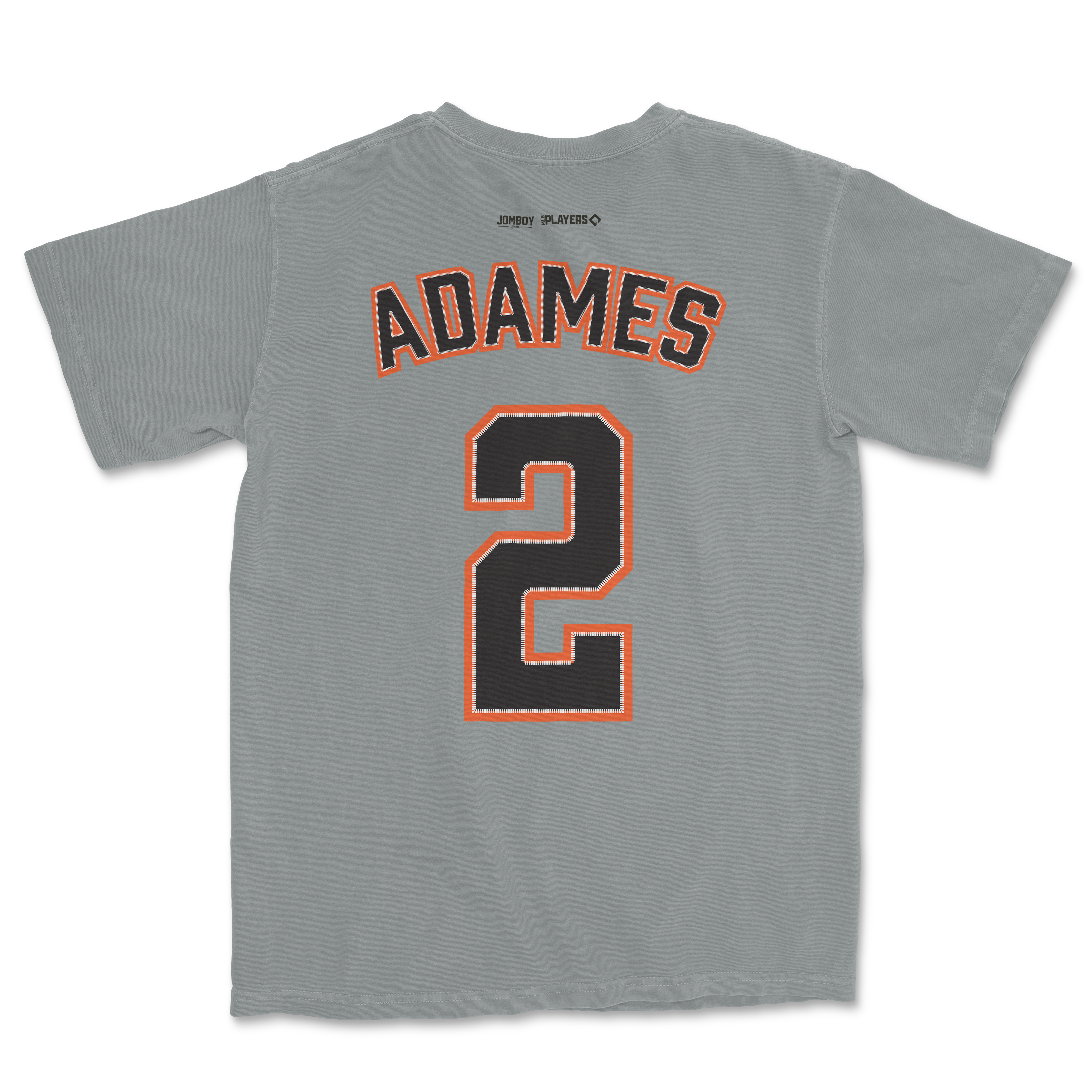 Gray Willy Adames shirsey featuring the name "ADAMES" and the number "2" in black with orange and white outlines on the back.