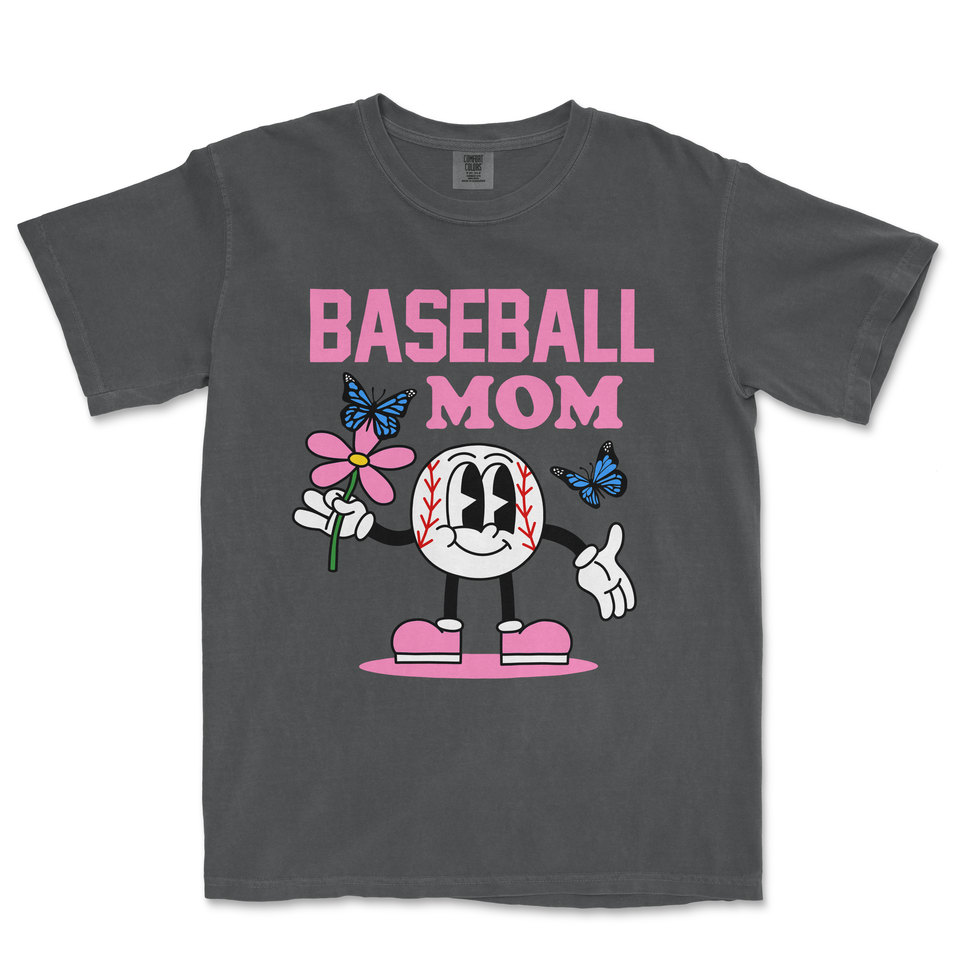 Gray Comfort Colors T-shirt featuring a cartoon baseball character holding a pink flower, with "Baseball Mom" text and butterflies.