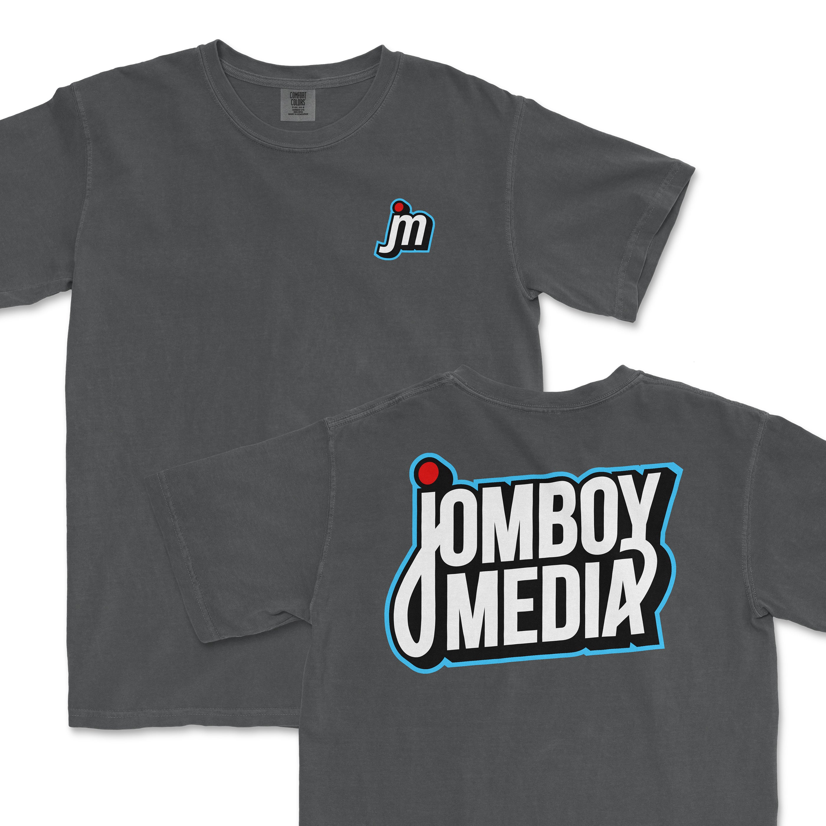 Gray JM Logo Tee featuring a small front logo and a bold back design with "Jomboy Media" in vibrant colors.