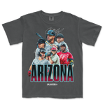 Gray Comfort Colors T-shirt featuring a colorful Arizona baseball team graphic with players, signatures, and bold "ARIZONA" text.