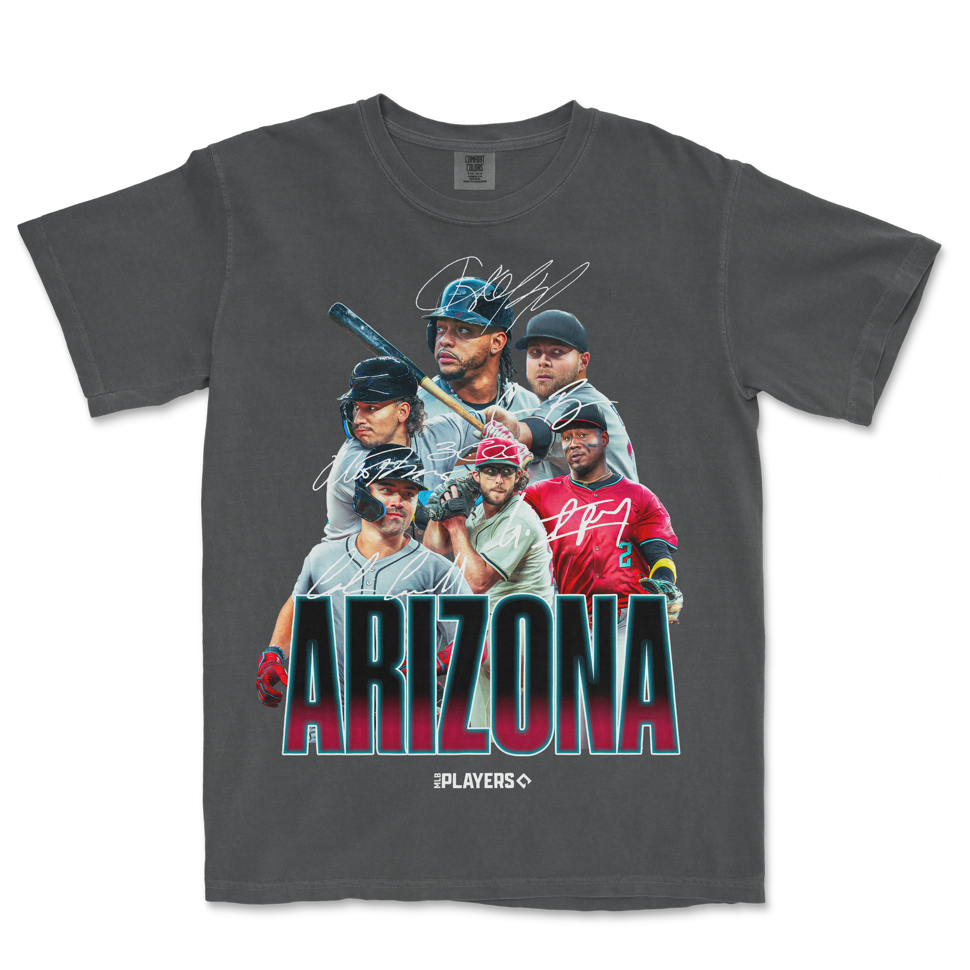 Gray Comfort Colors T-shirt featuring a colorful Arizona baseball team graphic with players, signatures, and bold "ARIZONA" text.