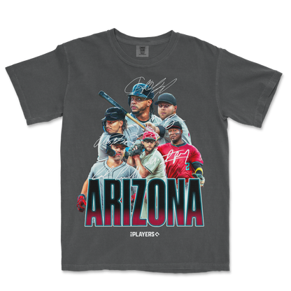 Gray Comfort Colors T-shirt featuring a colorful Arizona baseball team graphic with players, signatures, and bold "ARIZONA" text.