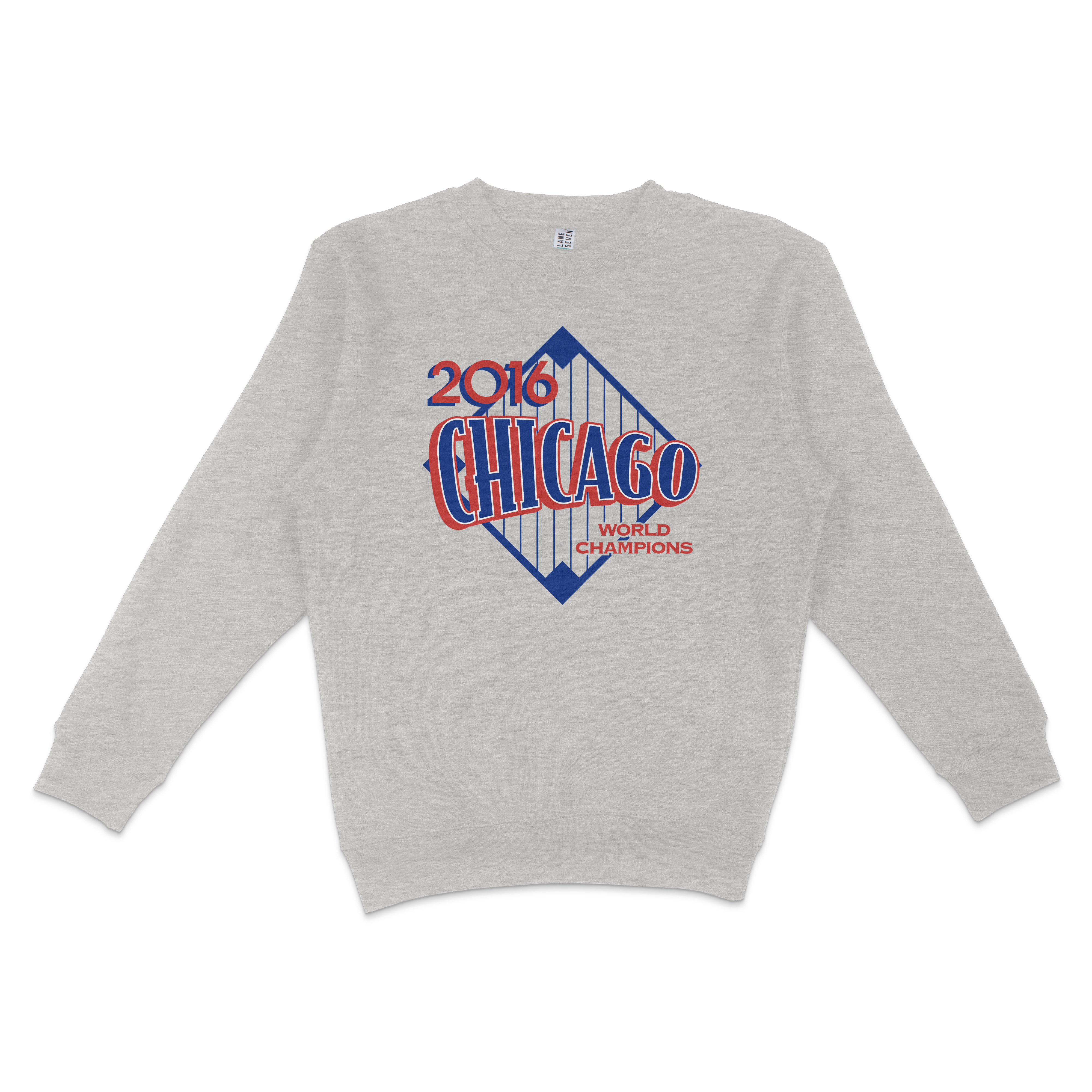 Gray crewneck sweatshirt featuring a 2016 Chicago World Champions graphic with a blue and red design and a bridge illustration.