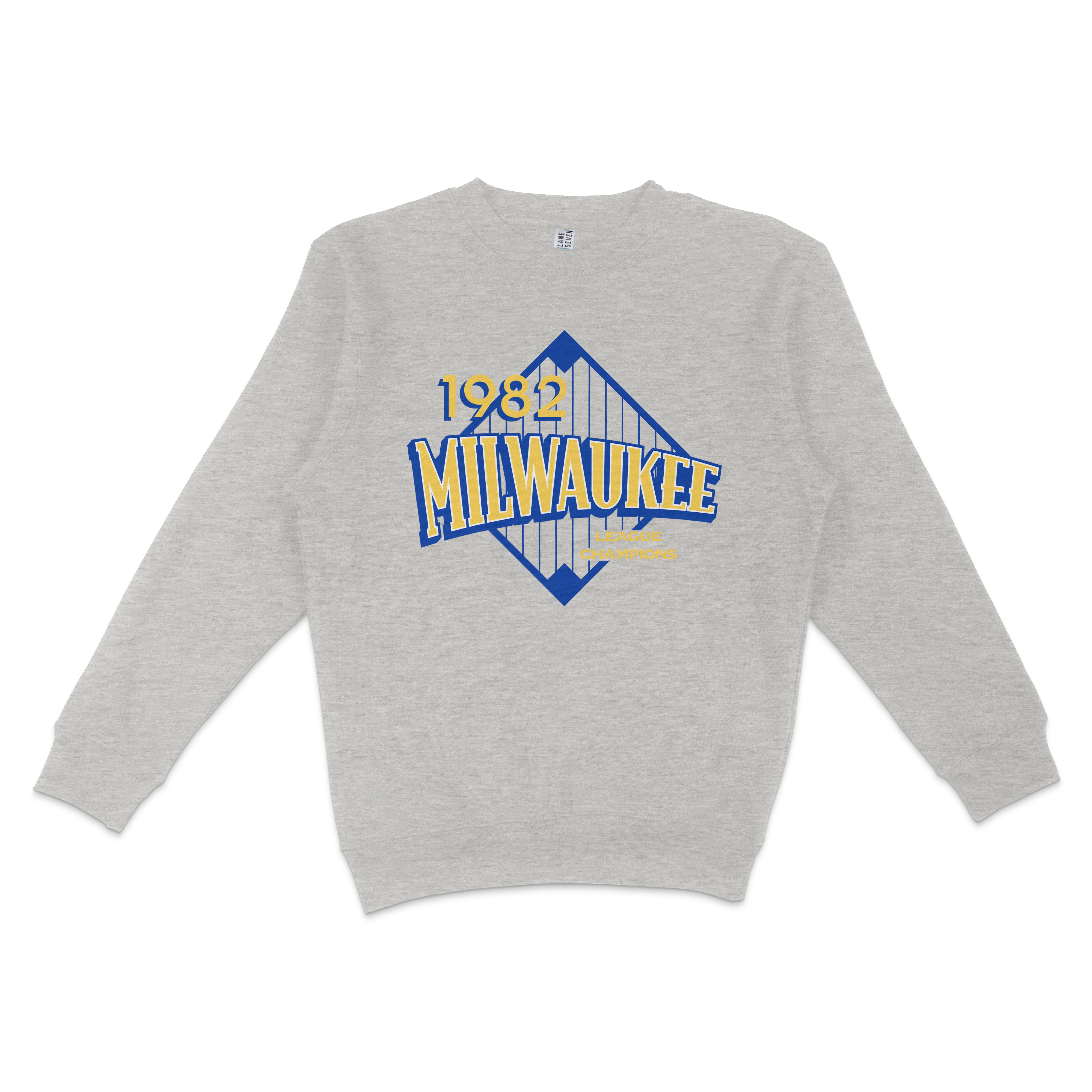 Gray crewneck sweatshirt featuring a vintage Milwaukee 1982 league champions graphic with blue and yellow text and a stylized bridge design.