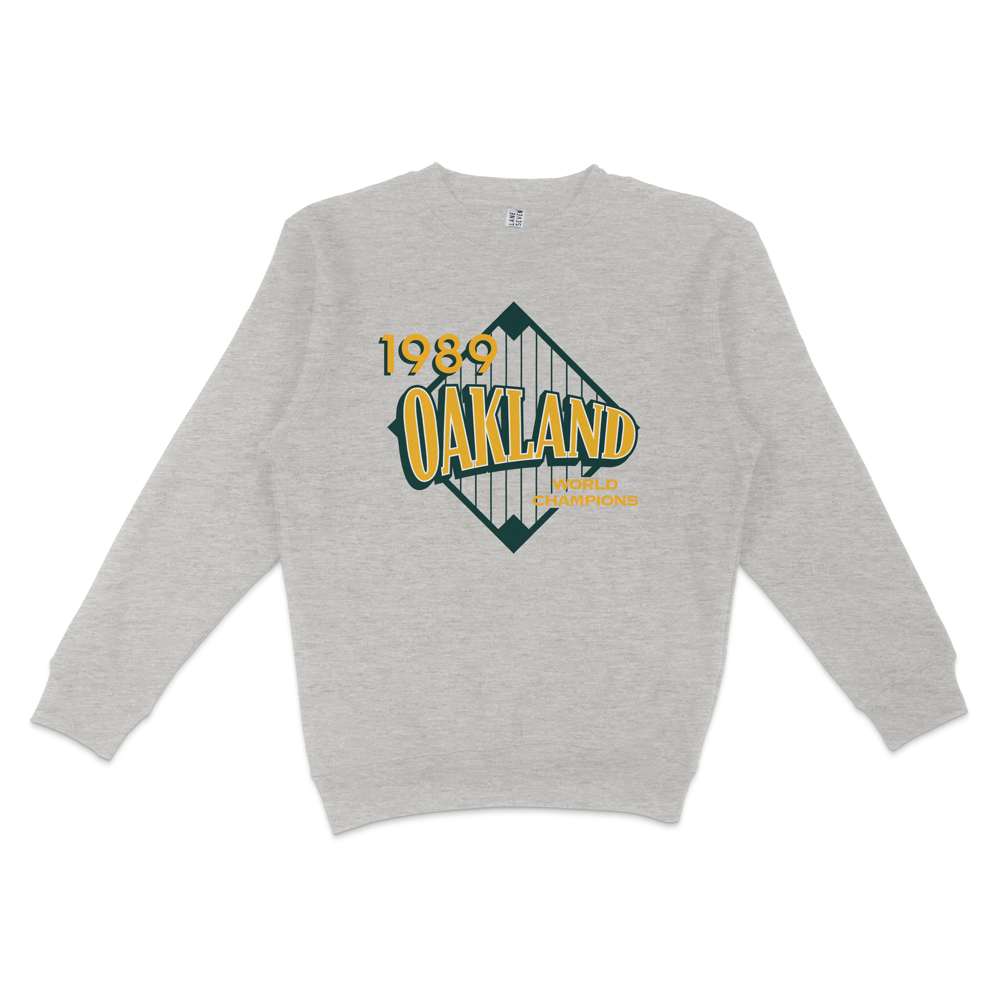 Gray crewneck sweatshirt featuring a vintage Oakland 1989 World Champions graphic with a bridge design and bold yellow and green text.