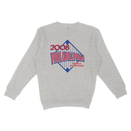 Gray crewneck sweatshirt featuring a 2008 Philadelphia World Champions graphic with a bridge design in blue and red text.