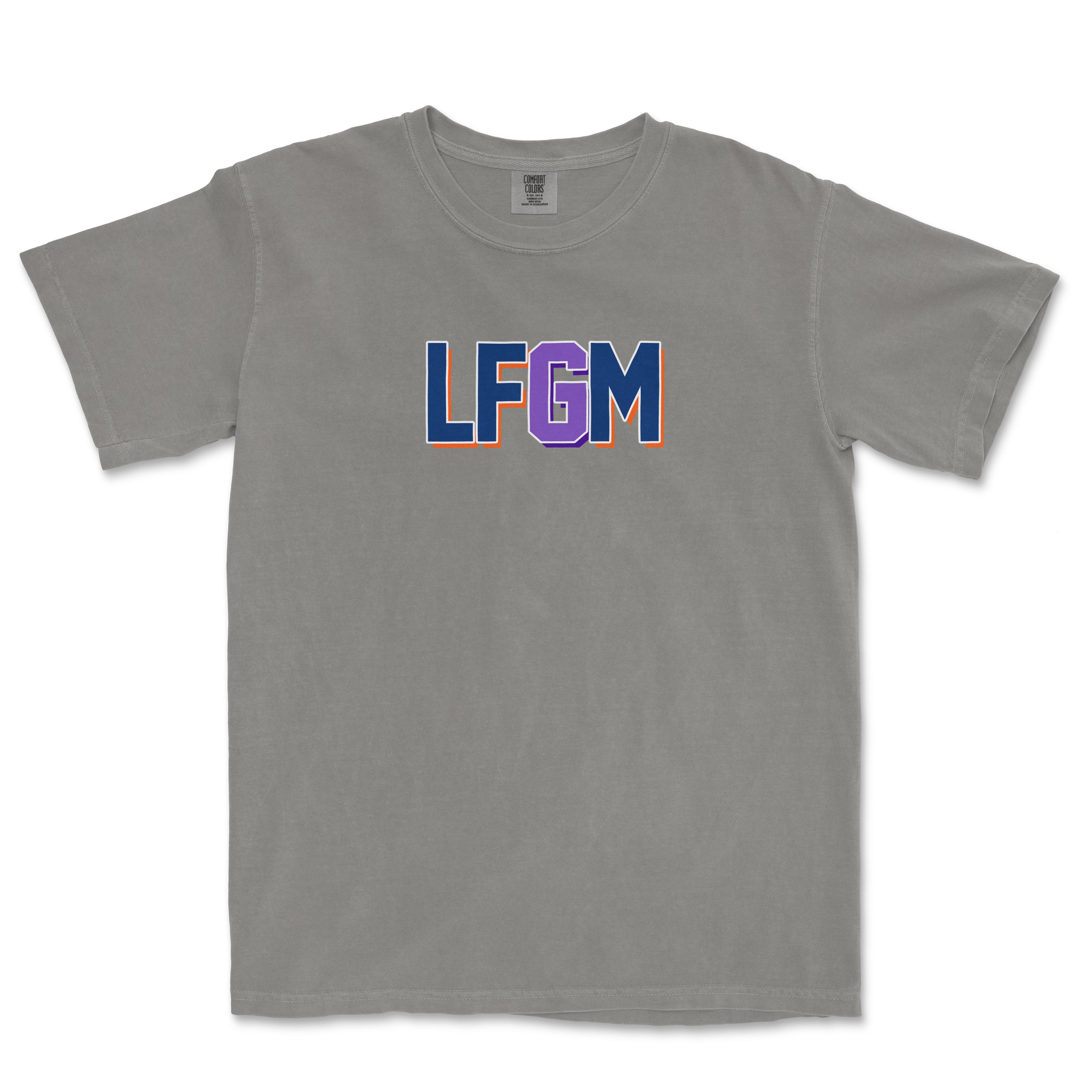Gray Comfort Colors T-shirt with bold "LFGM" lettering in blue, purple, and orange on the front.