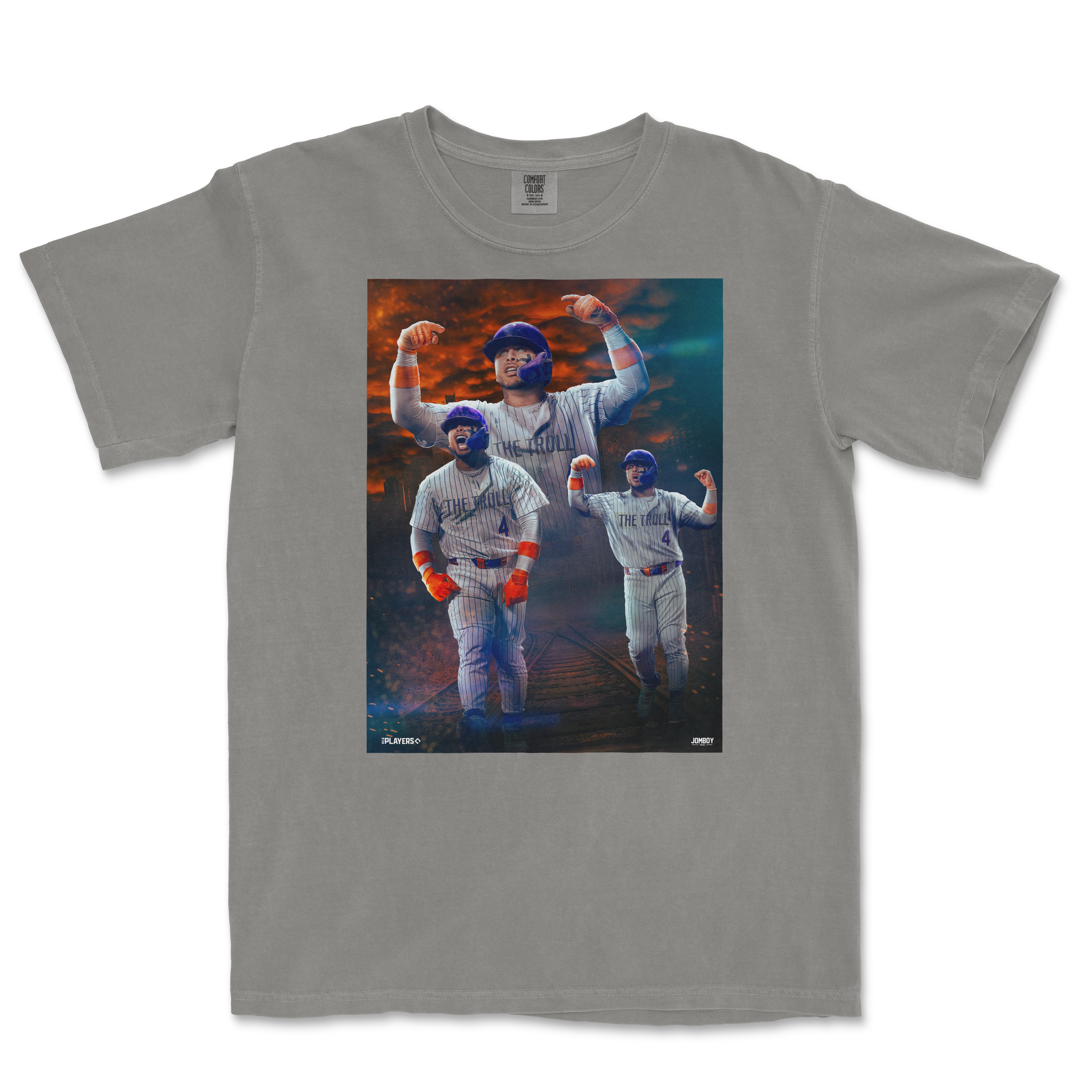 Gray T-shirt featuring a vibrant graphic of three baseball players in pinstripes, with "Walk It Off" text and a dramatic sunset background.