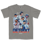 Gray Comfort Colors tee featuring a graphic of Detroit baseball players with "DETROIT" in bold letters and handwritten signatures.
