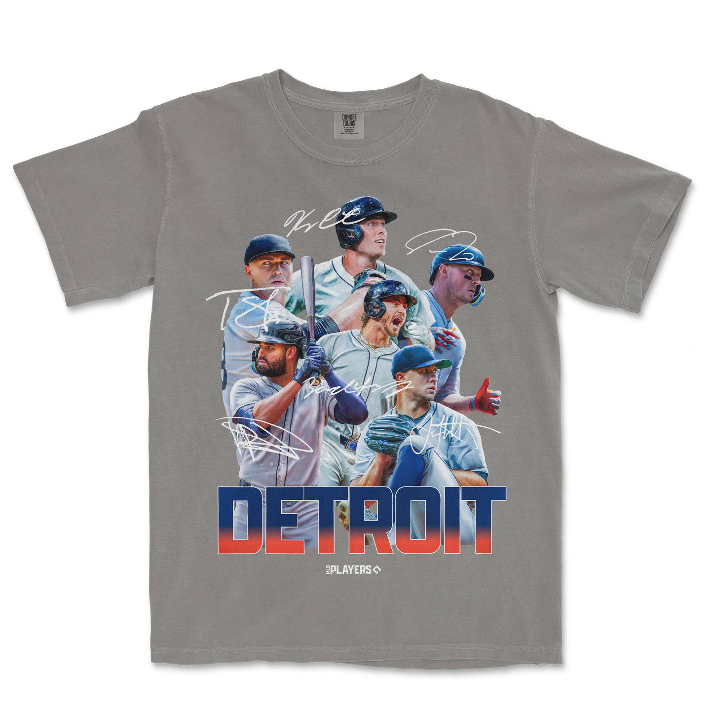 Gray Comfort Colors tee featuring a graphic of Detroit baseball players with "DETROIT" in bold letters and handwritten signatures.