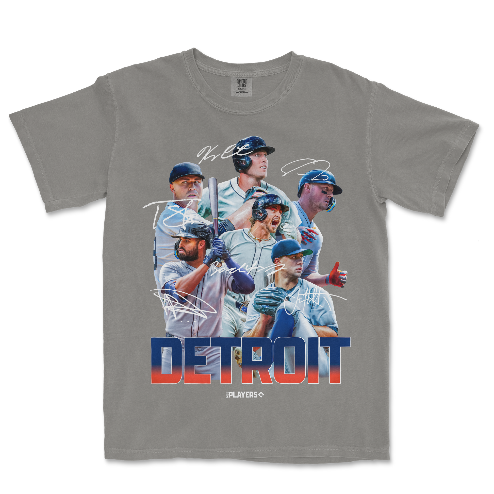 Gray Comfort Colors tee featuring a graphic of Detroit baseball players with "DETROIT" in bold letters and handwritten signatures.