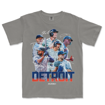 Gray Comfort Colors tee featuring a graphic of Detroit baseball players with "DETROIT" in bold letters and handwritten signatures.