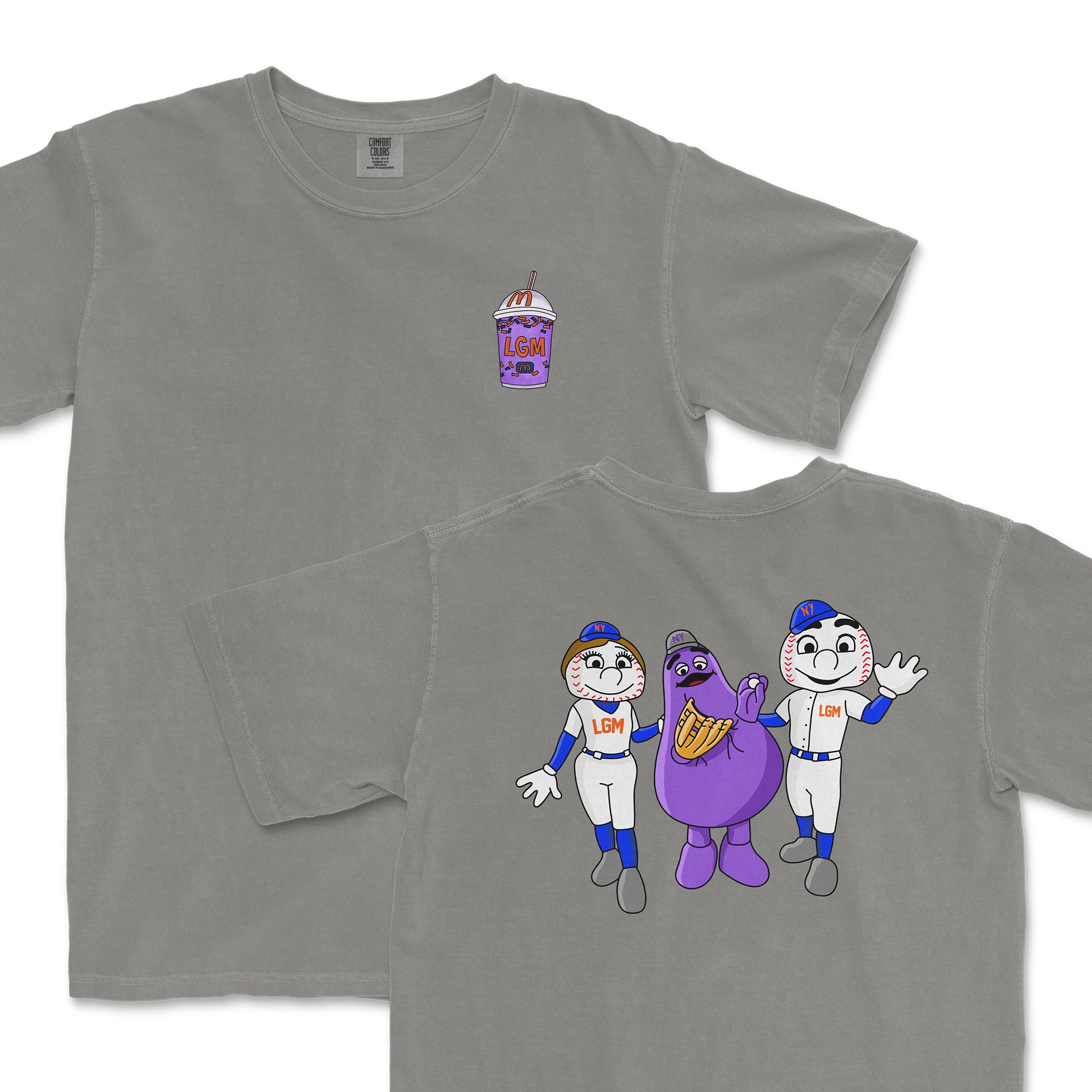 Gray Comfort Colors T-shirt featuring cartoon baseball characters and a purple drink with "LGM" text and logo.