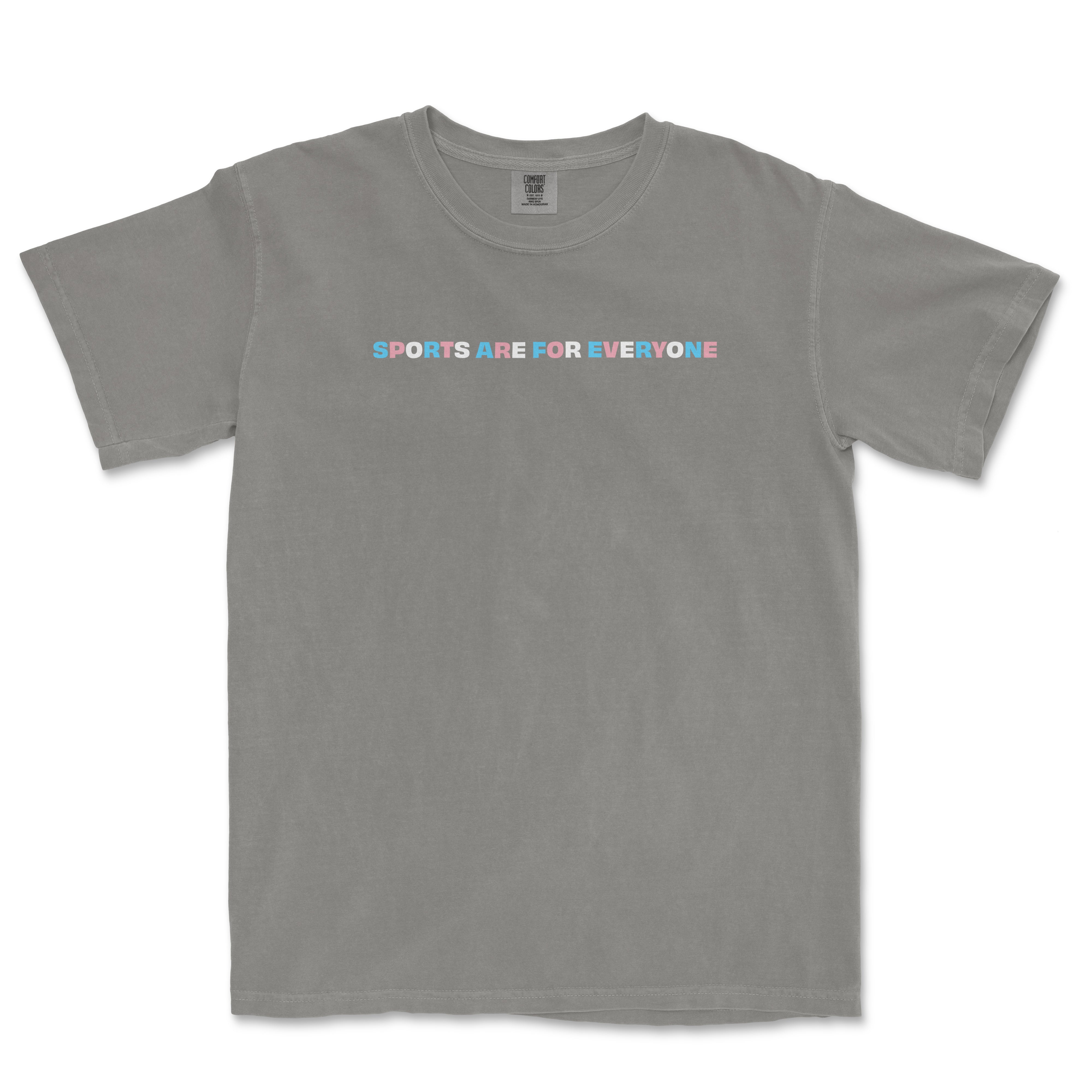 Gray T-shirt with the slogan "SPORTS ARE FOR EVERYONE" in colorful letters across the chest.
