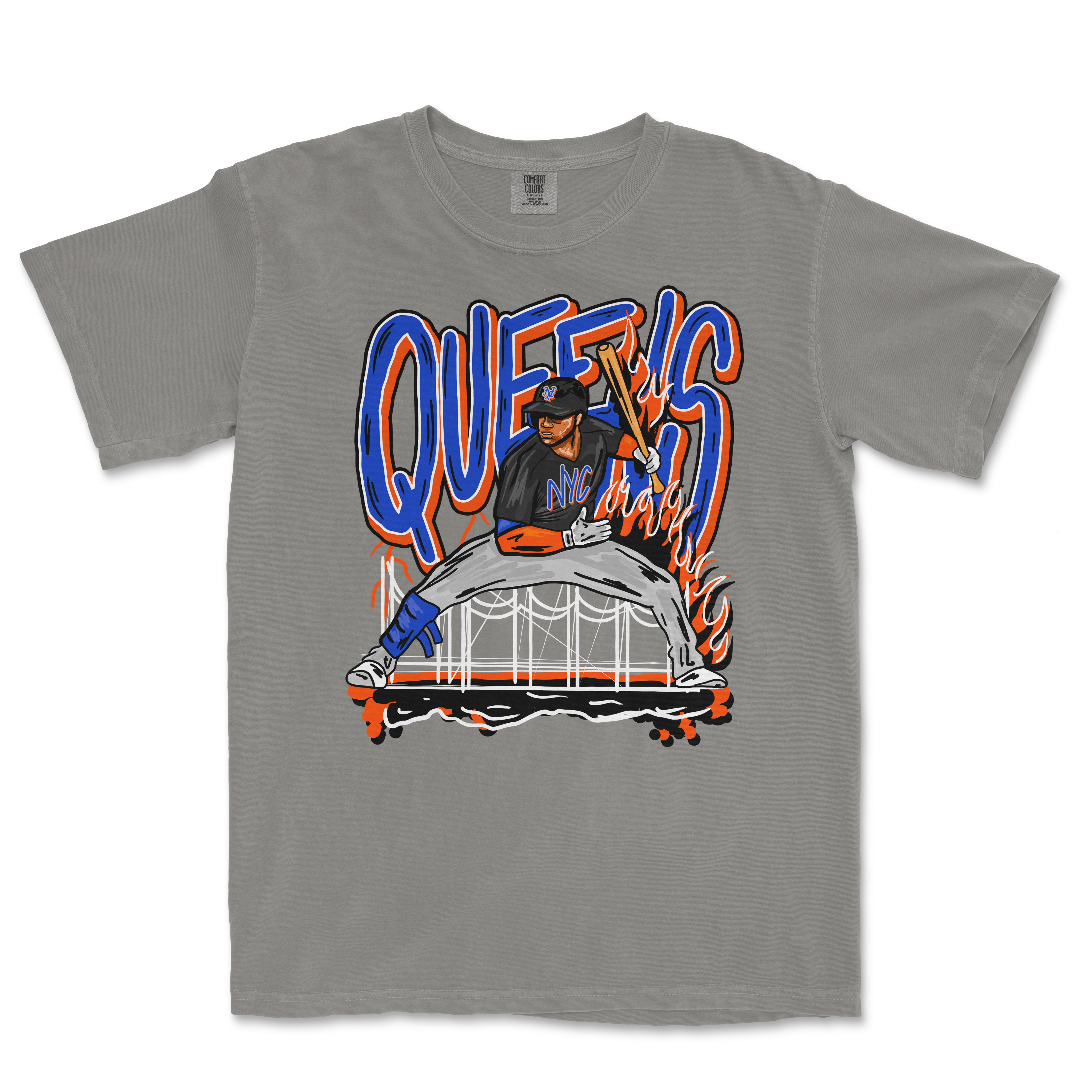 Gray T-shirt featuring a graphic of a baseball player with "QUEENS" in bold blue letters, holding a flaming bat, with NYC references.