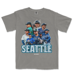 Gray T-shirt featuring a Seattle Mariners team graphic with players, signatures, and "SEATTLE" text in bold blue letters.