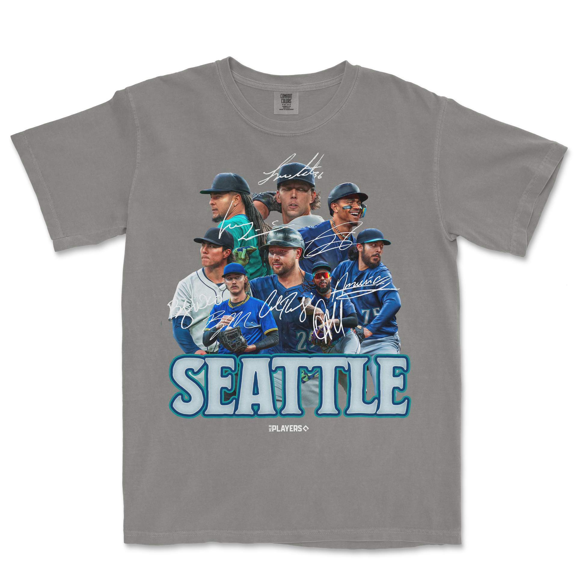 Gray T-shirt featuring a Seattle Mariners team graphic with players, signatures, and "SEATTLE" text in bold blue letters.