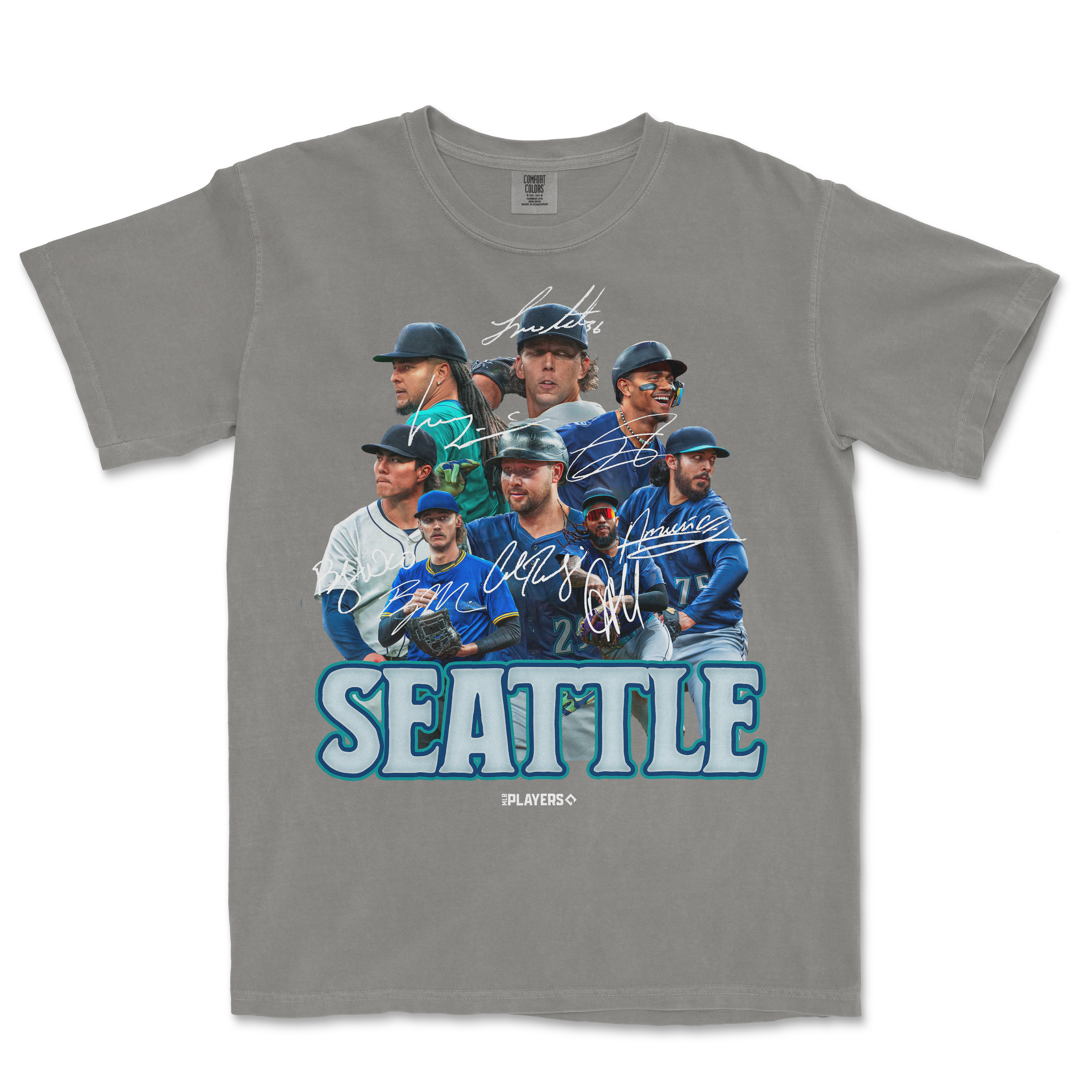 Gray T-shirt featuring a Seattle Mariners team graphic with players, signatures, and "SEATTLE" text in bold blue letters.