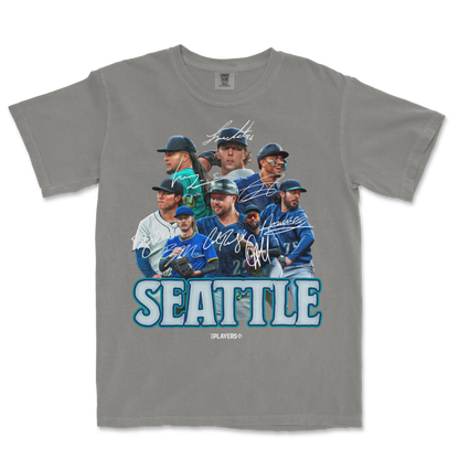 Gray T-shirt featuring a Seattle Mariners team graphic with players, signatures, and "SEATTLE" text in bold blue letters.