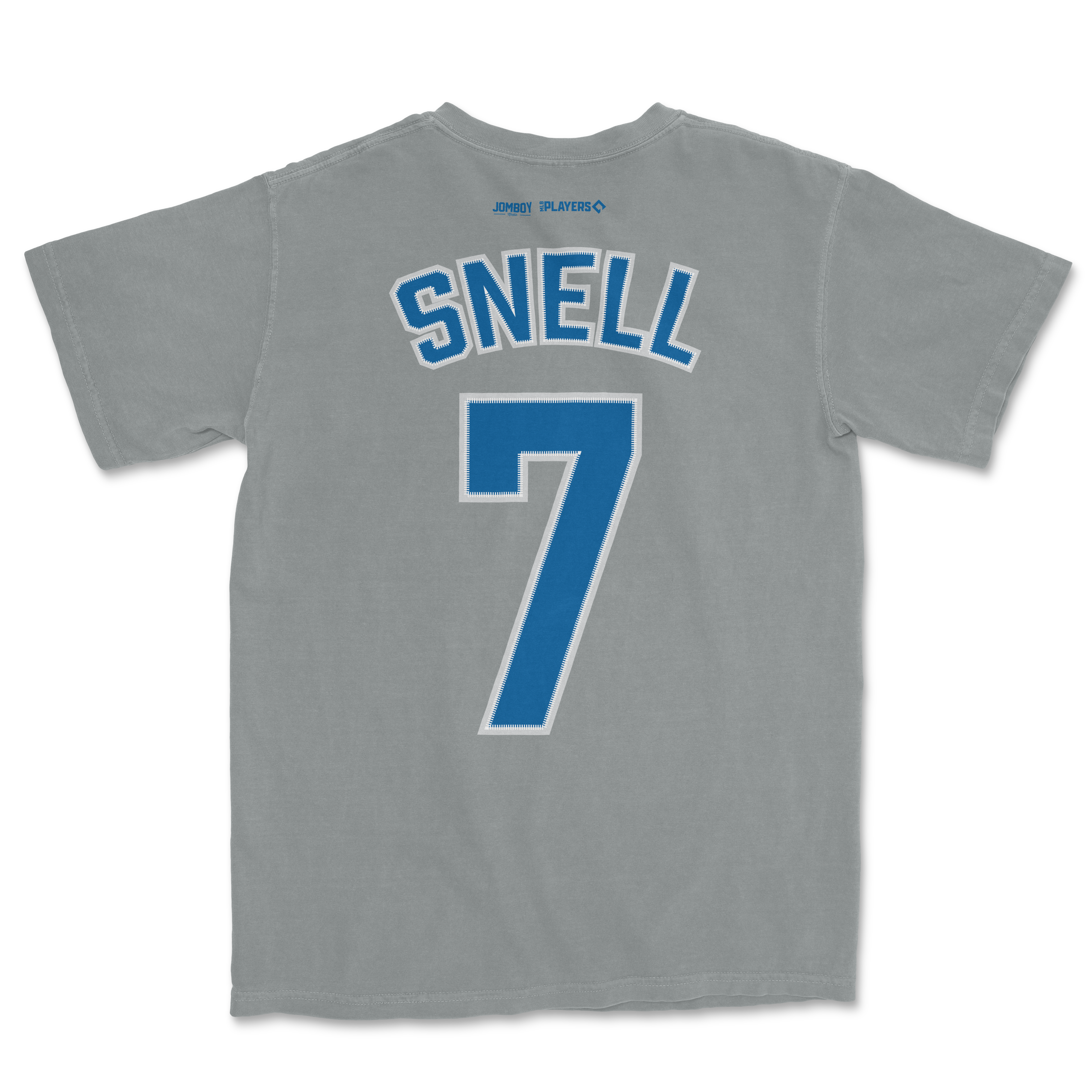 Gray Comfort Colors tee featuring a blue and white "Snell" name and number 7 on the back, with small sponsor logos near the collar.