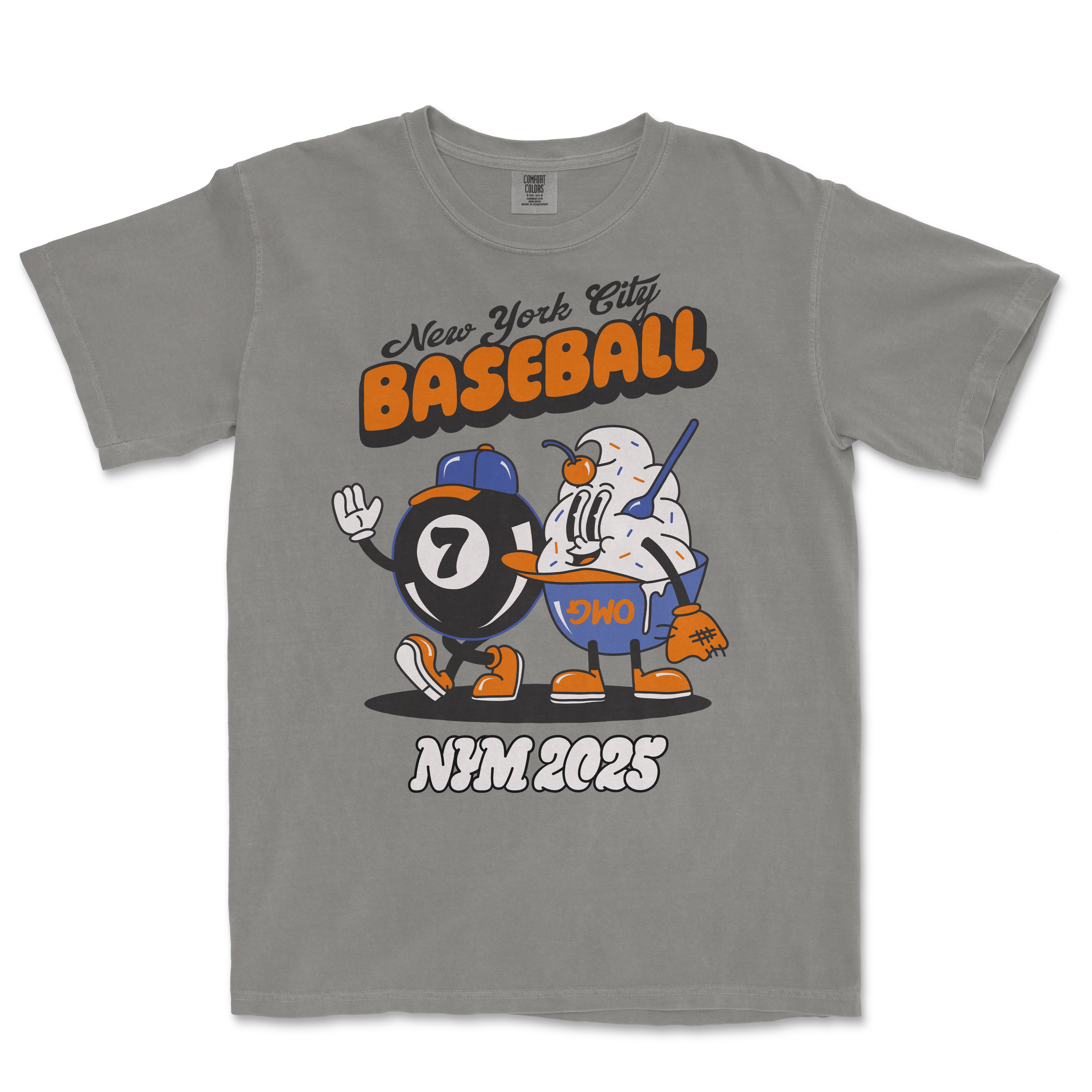 Gray Comfort Colors T-shirt featuring a cartoon baseball and magic 8 ball character with "New York City Baseball" and "2025" text.