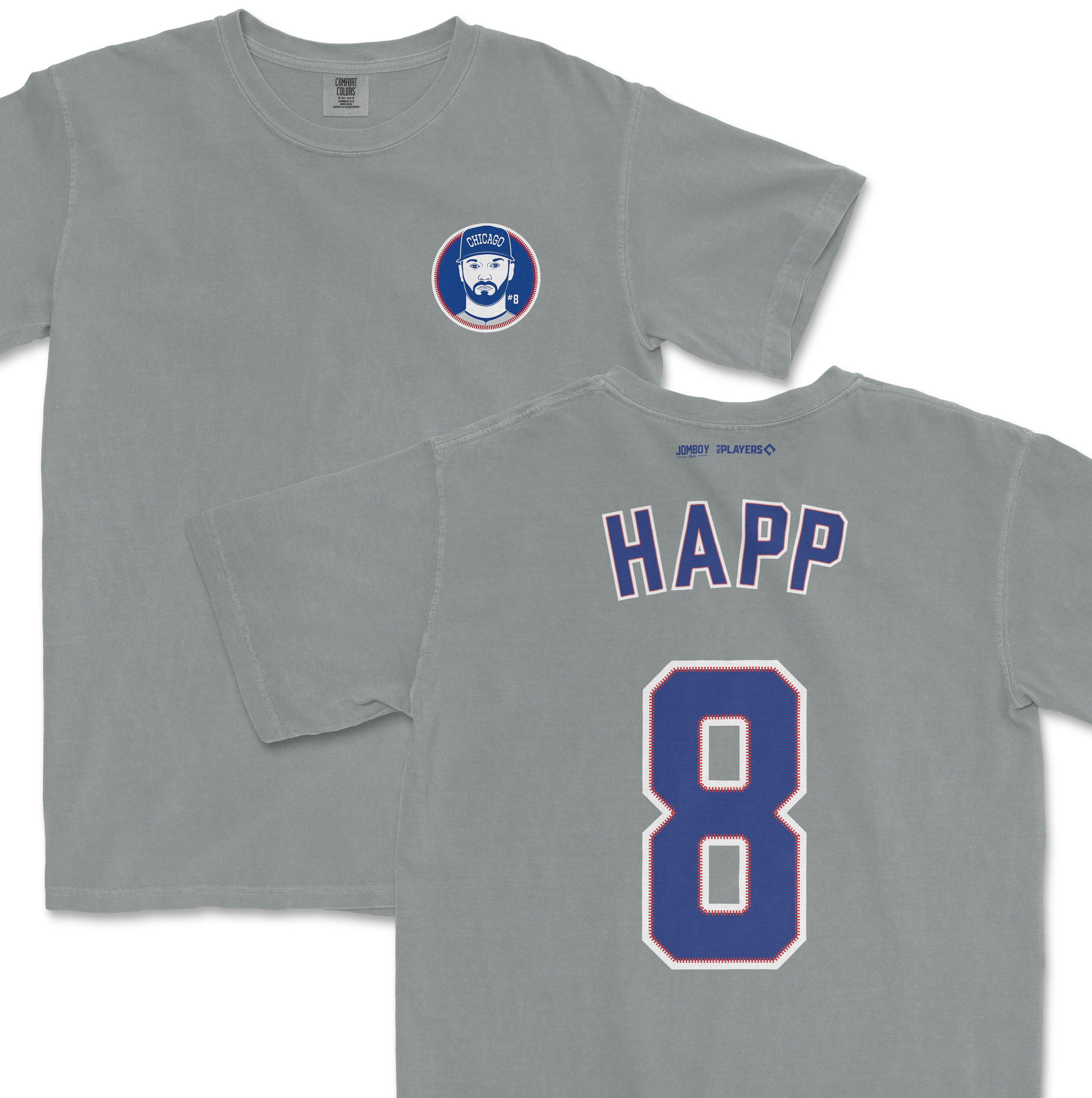 Gray Comfort Colors tee featuring a Chicago baseball player patch on the front and "HAPP" with the number 8 on the back.