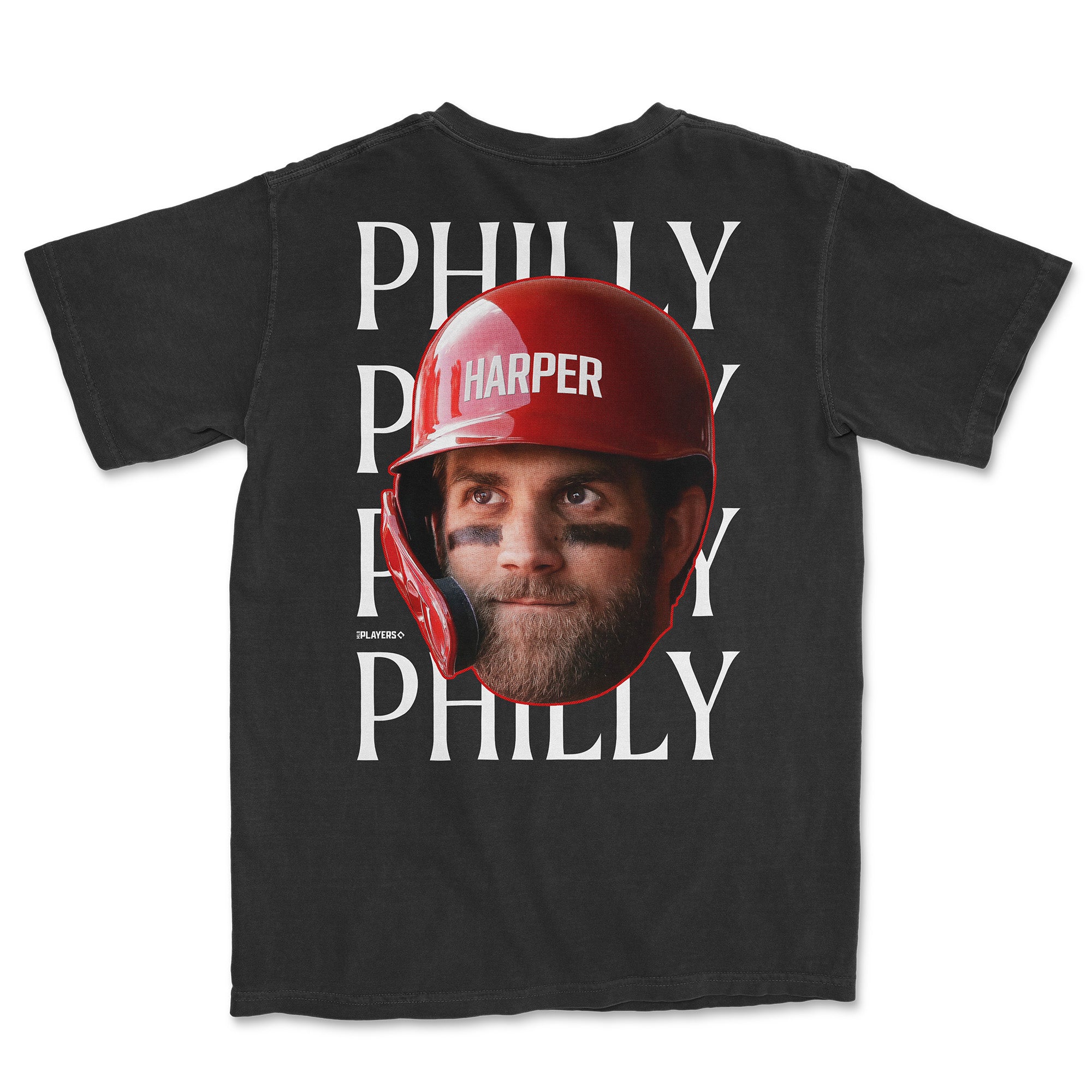 Bryce Harper Head in the Game Series alternate t-shirt featuring a large graphic of Harper and "Philly" text on the back.