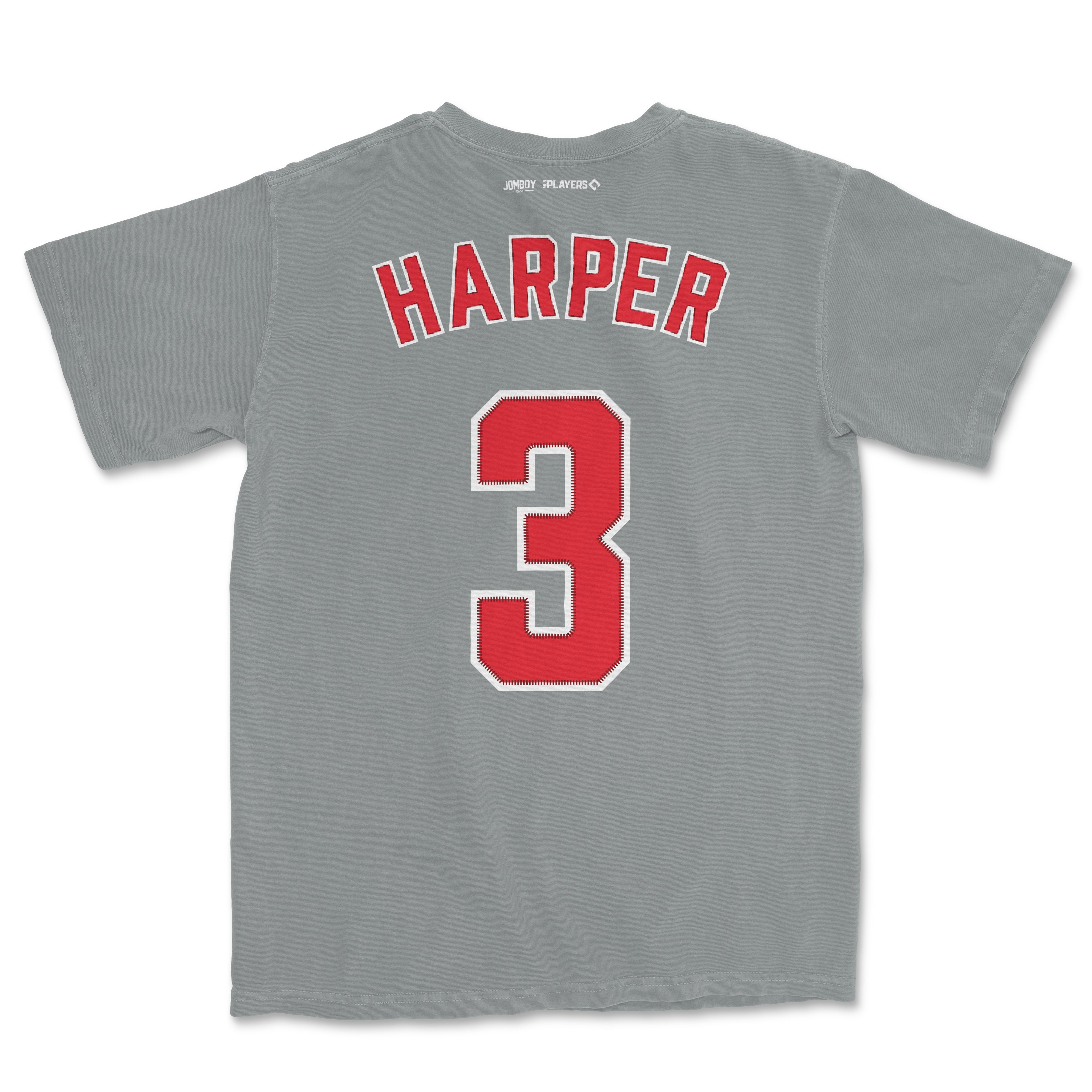 Gray Comfort Colors tee featuring Bryce Harper's name and number 3 in red with white outline, designed as a shirsey-style shirt.