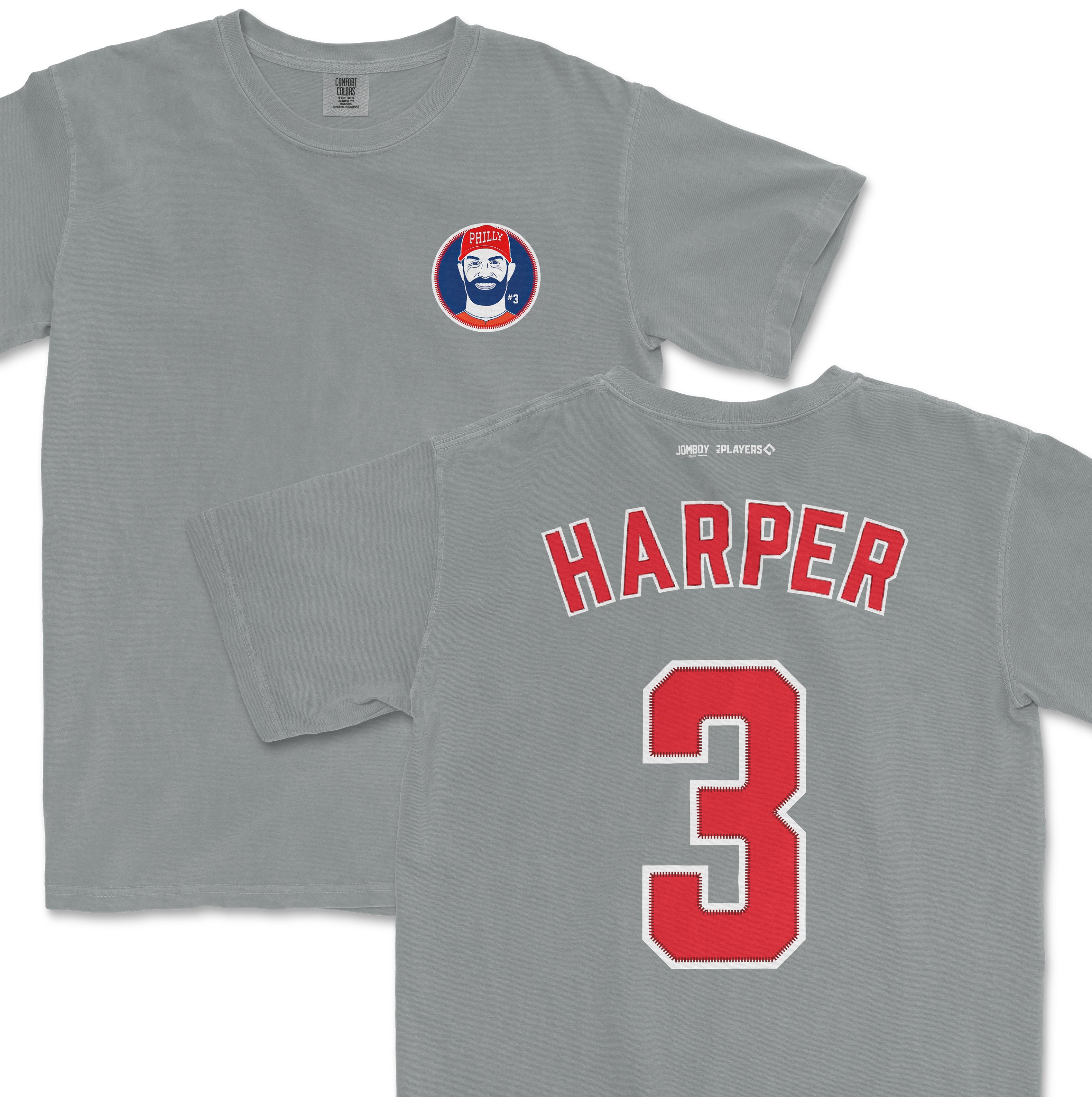 Gray Comfort Colors tee featuring Bryce Harper's name and number 3 on the back, with a Phillies logo patch on the front.