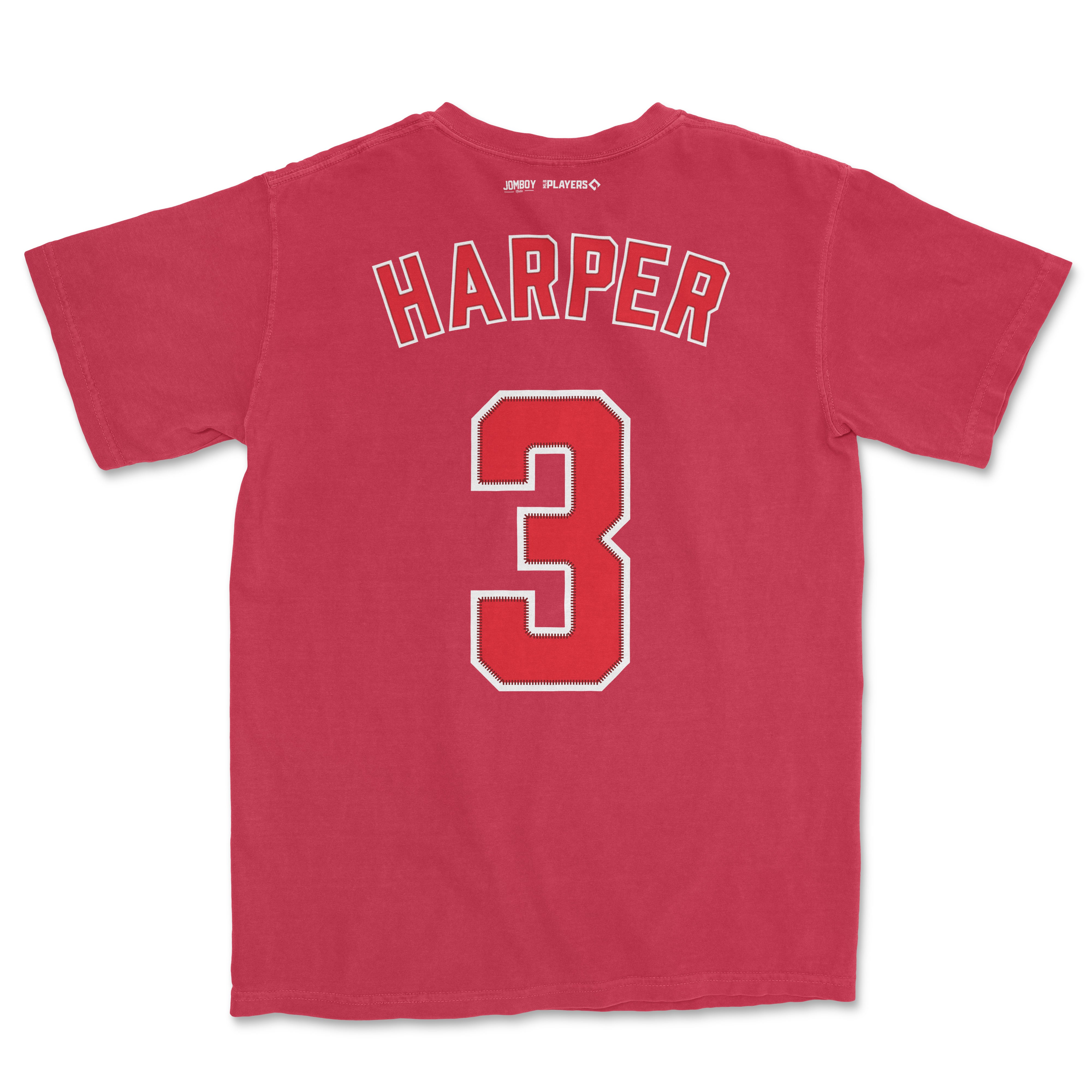 Red Bryce Harper shirsey-style tee with "Harper" and the number 3 printed on the back, made by Comfort Colors.