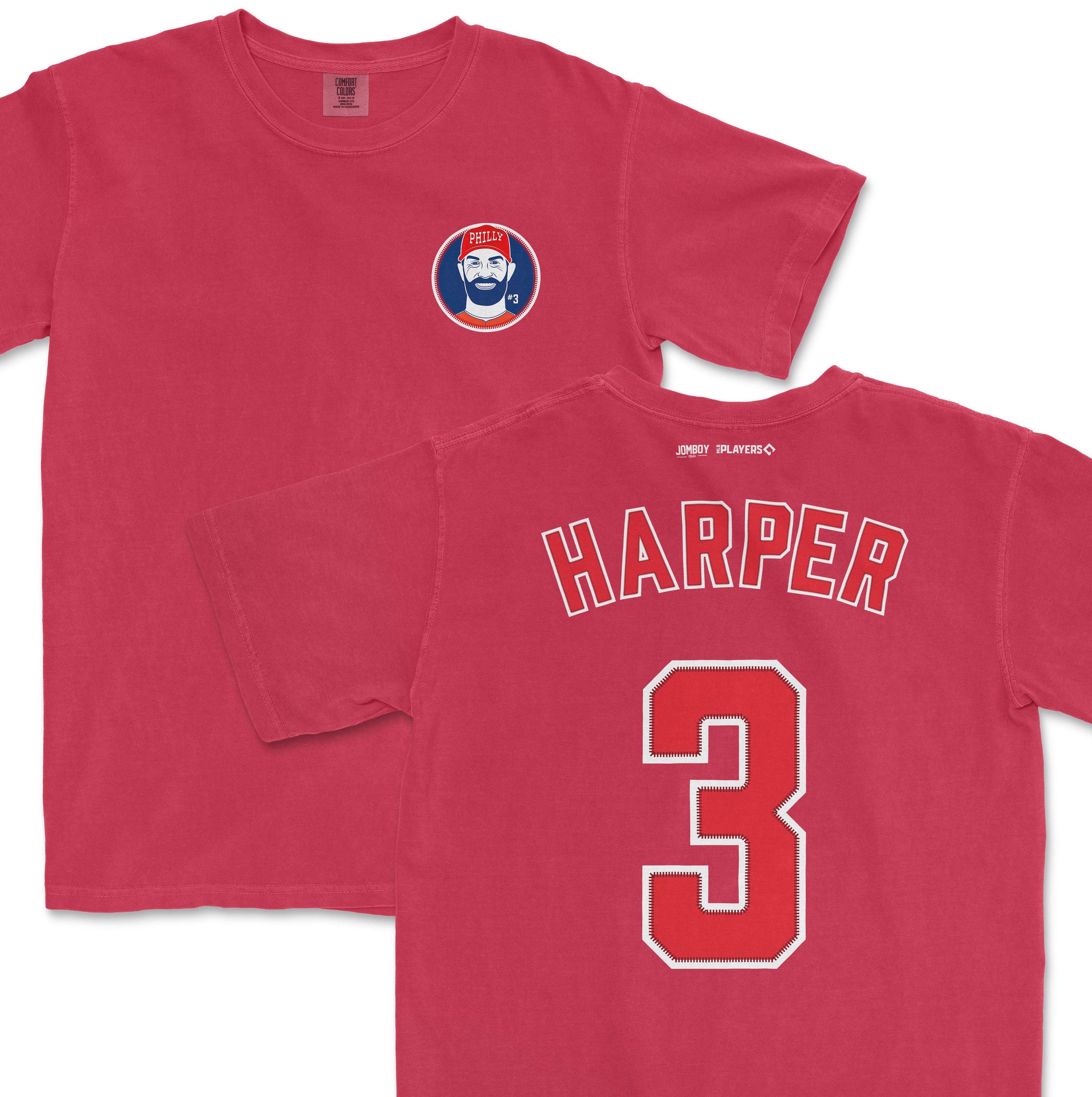 Red Comfort Colors tee featuring Bryce Harper's name and number 3 on the back, with a Phillies logo graphic on the front.