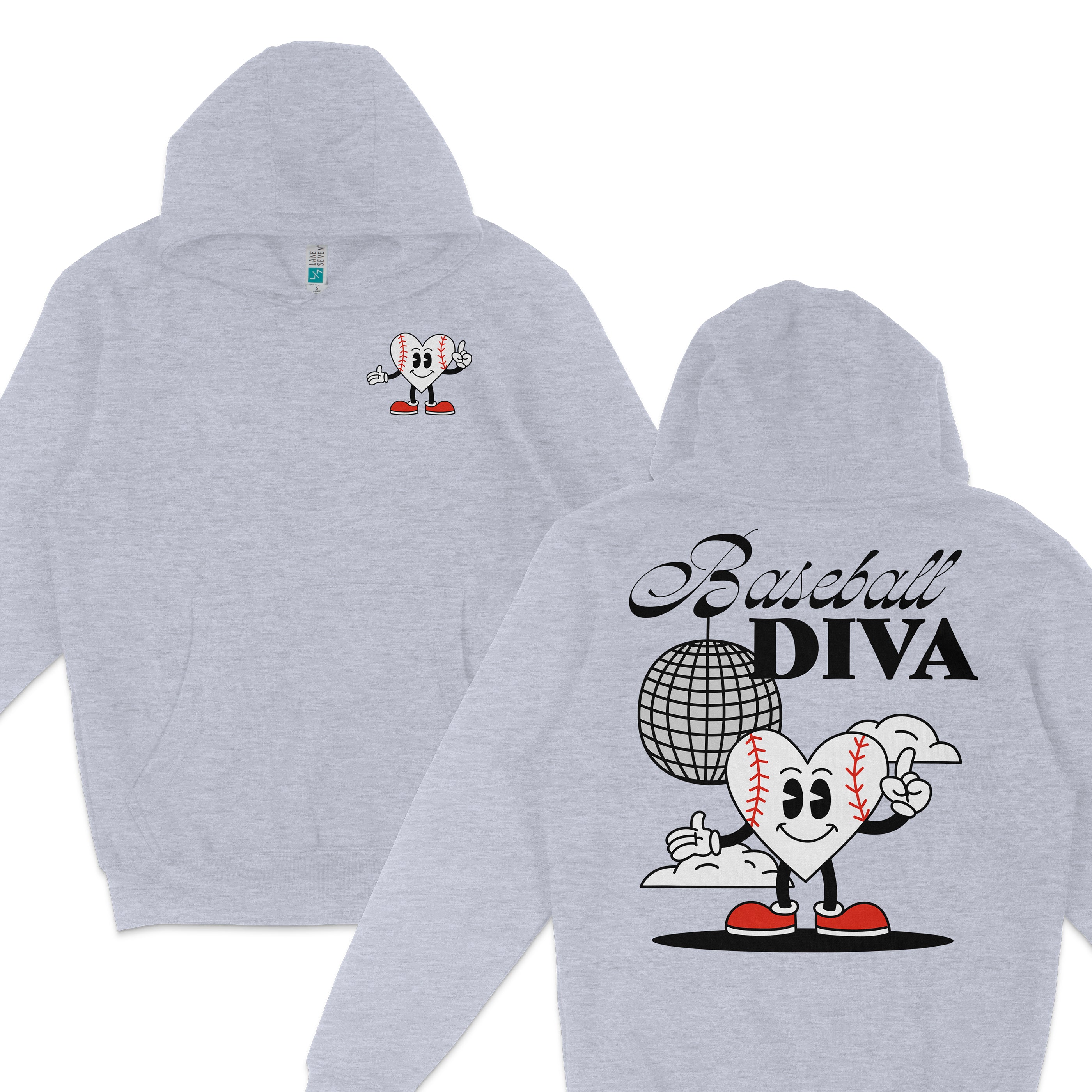 Gray hoodie featuring a cute baseball heart character with sneakers on front and "Baseball Diva" with a disco ball graphic on back.