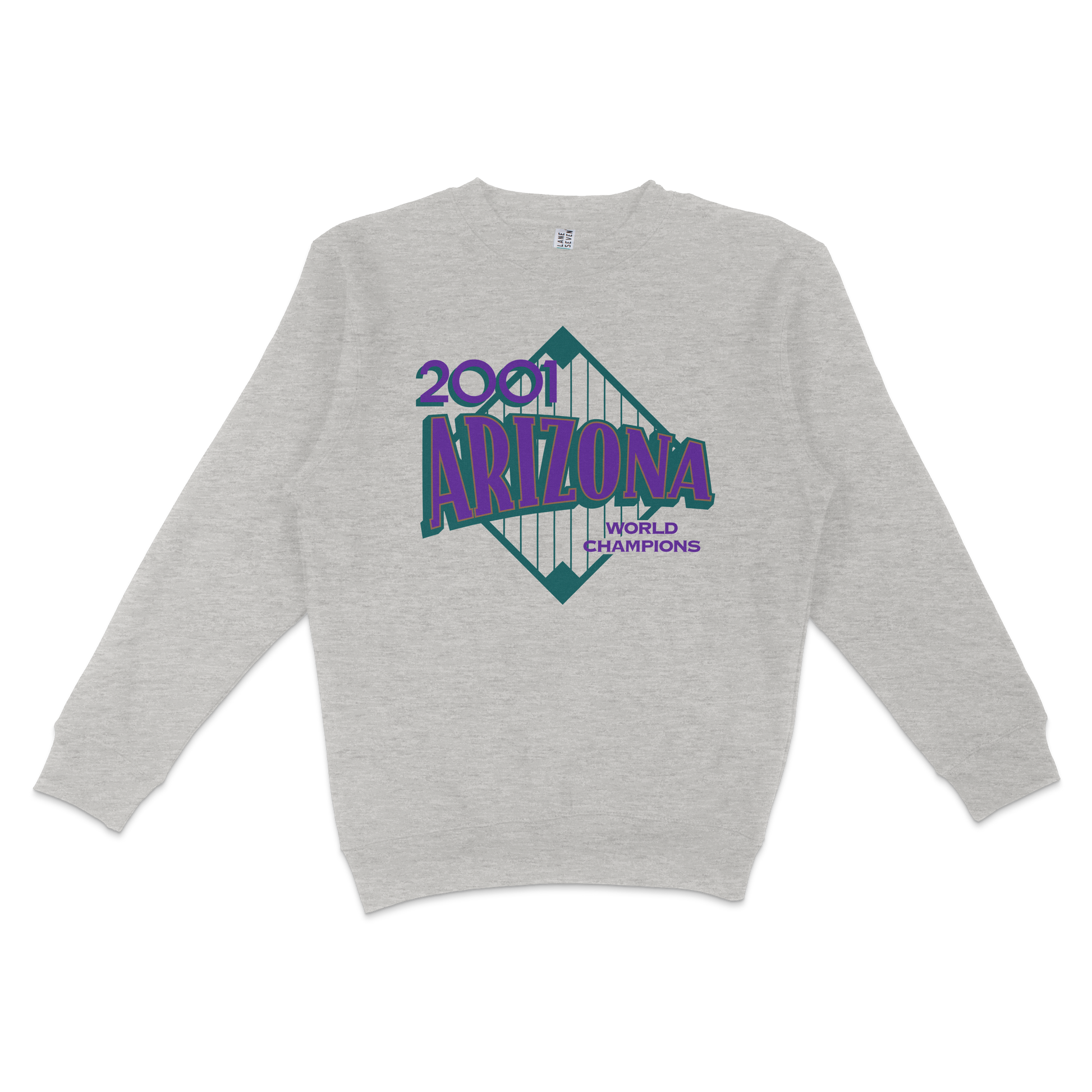 Gray crewneck sweatshirt featuring a colorful graphic celebrating Arizona's 2001 world championship victory, with a bridge illustration.
