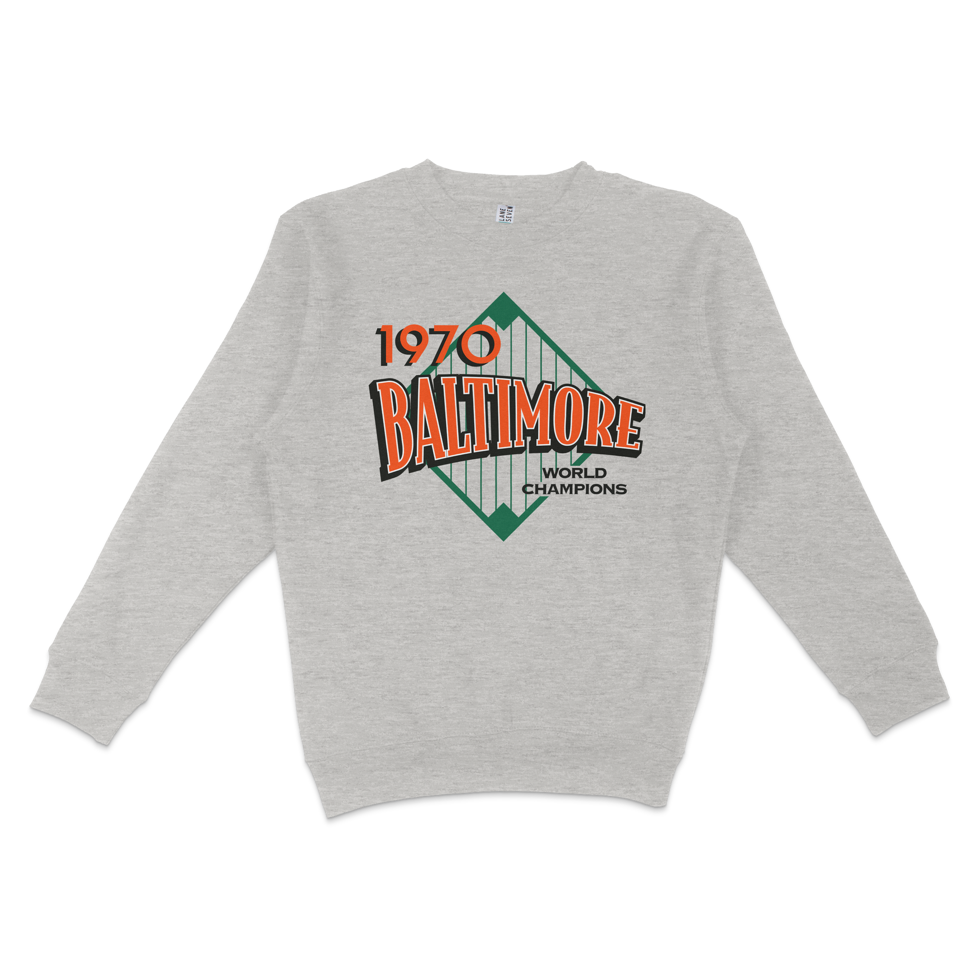Gray crewneck sweatshirt featuring a Baltimore 1970 World Champions graphic with a green diamond shape and bold red and black text.