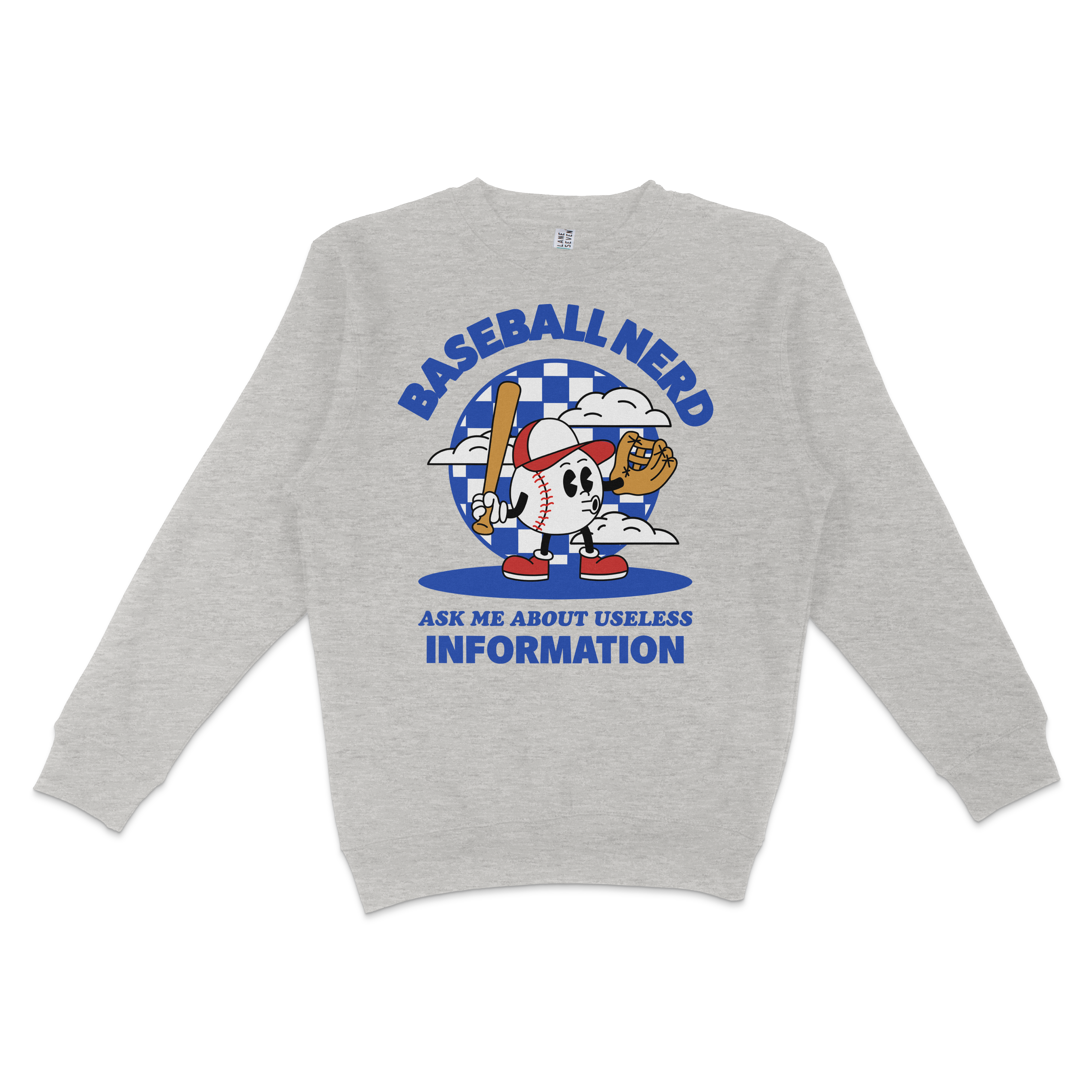 Gray crewneck sweatshirt featuring a cartoon baseball character holding a bat and glove, with "Baseball Nerd" and humorous text.