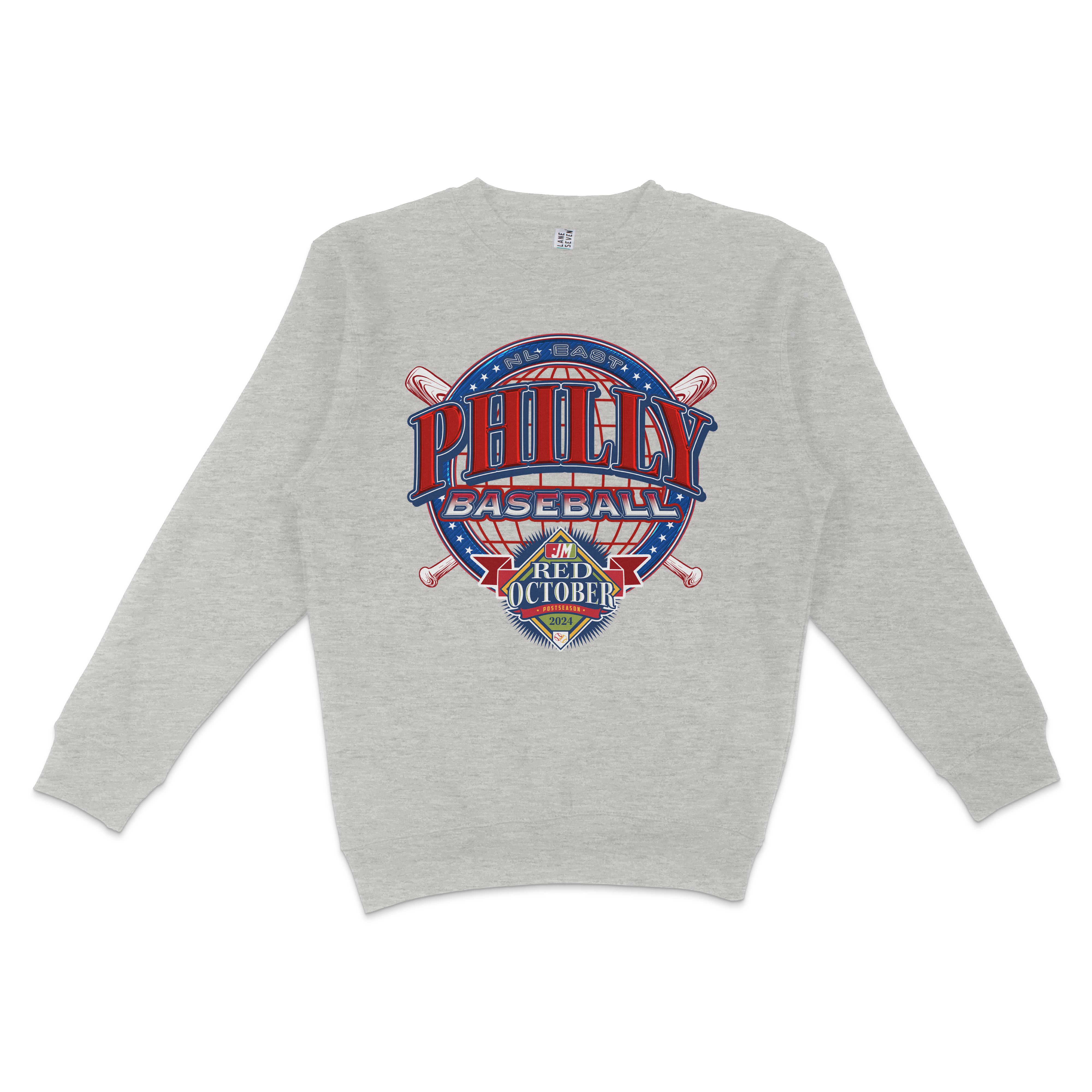 Gray crewneck sweatshirt featuring a colorful Phillies Baseball logo with "Red October 2024" text and baseball graphics.