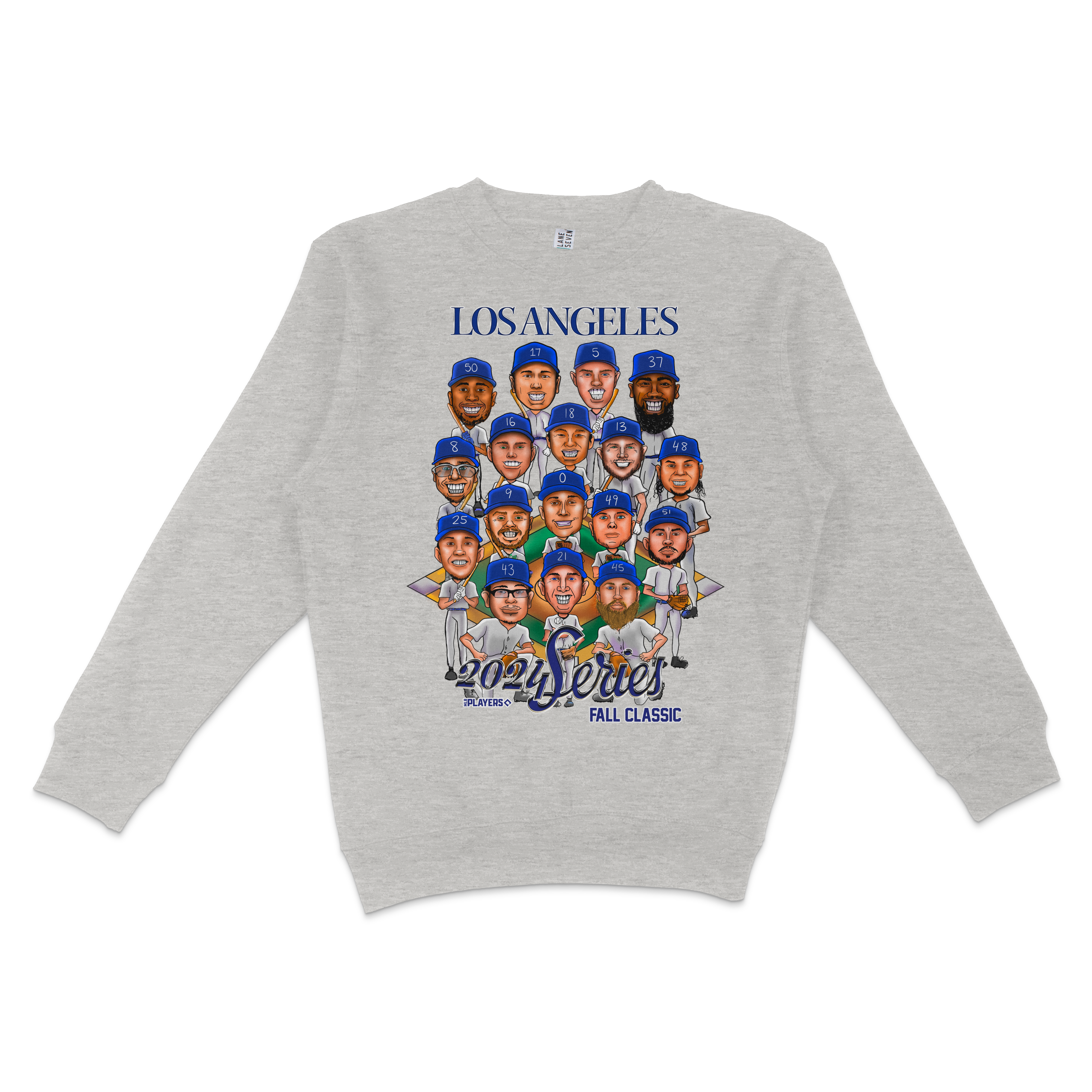 Gray crewneck sweatshirt featuring cartoon-style Los Angeles Dodgers players, "2021 Series Fall Classic" text, and team logo.