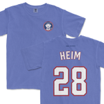 Blue Comfort Colors tee featuring a Jonah Heim design with "HEIM" and the number 28 on the back, and a Texas-themed graphic on the front.