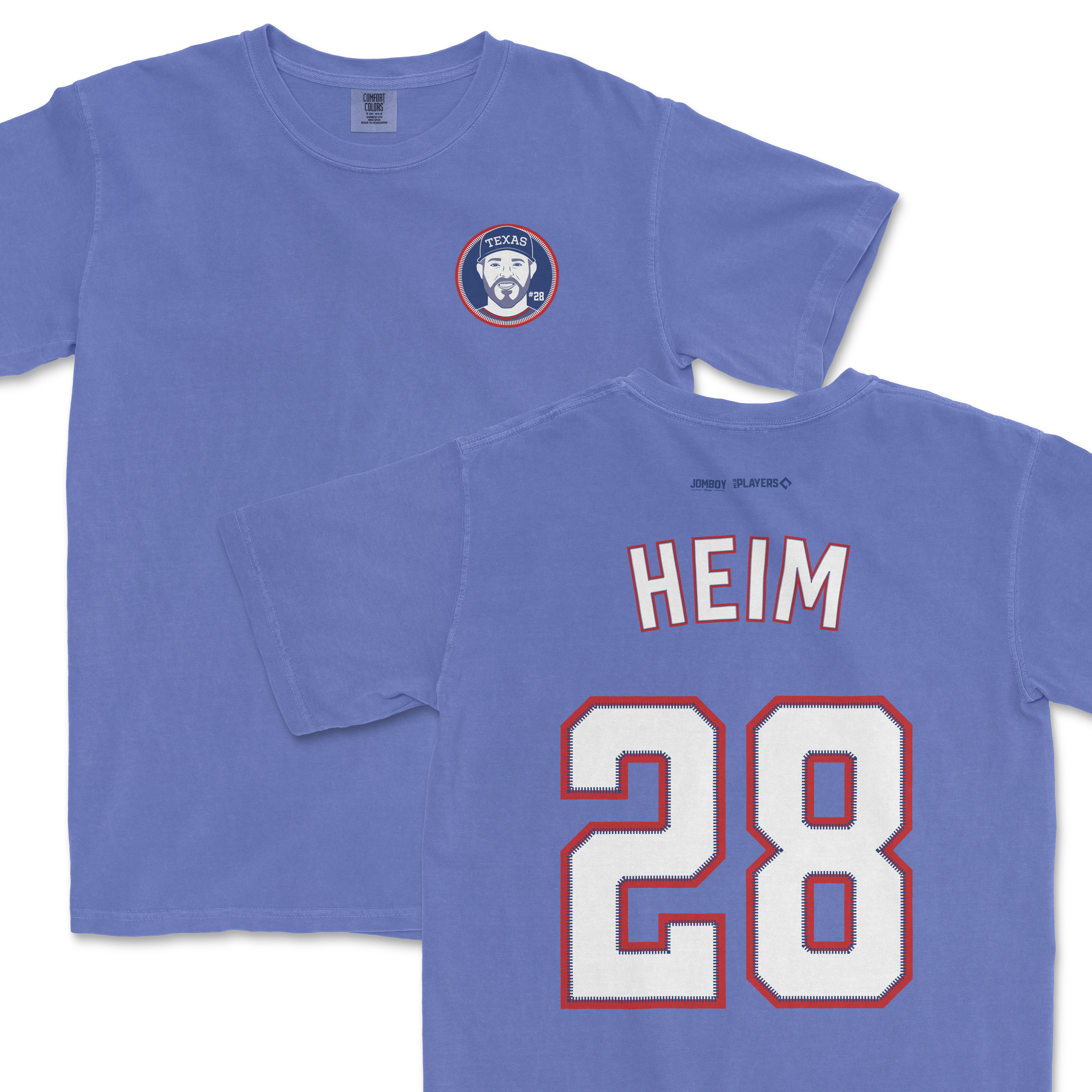 Blue Comfort Colors tee featuring a Jonah Heim design with "HEIM" and the number 28 on the back, and a Texas-themed graphic on the front.