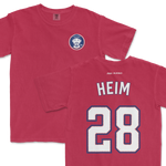 Pink Comfort Colors tee featuring a front Texas-themed patch and back with "Heim 28" sports jersey-style print.