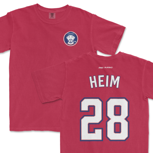Pink Comfort Colors tee featuring a front Texas-themed patch and back with "Heim 28" sports jersey-style print.