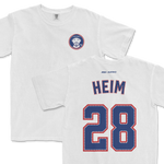 White Comfort Colors tee featuring a front logo of Jonah Heim with a Texas emblem, and a back with "HEIM 28" in bold blue and red lettering.