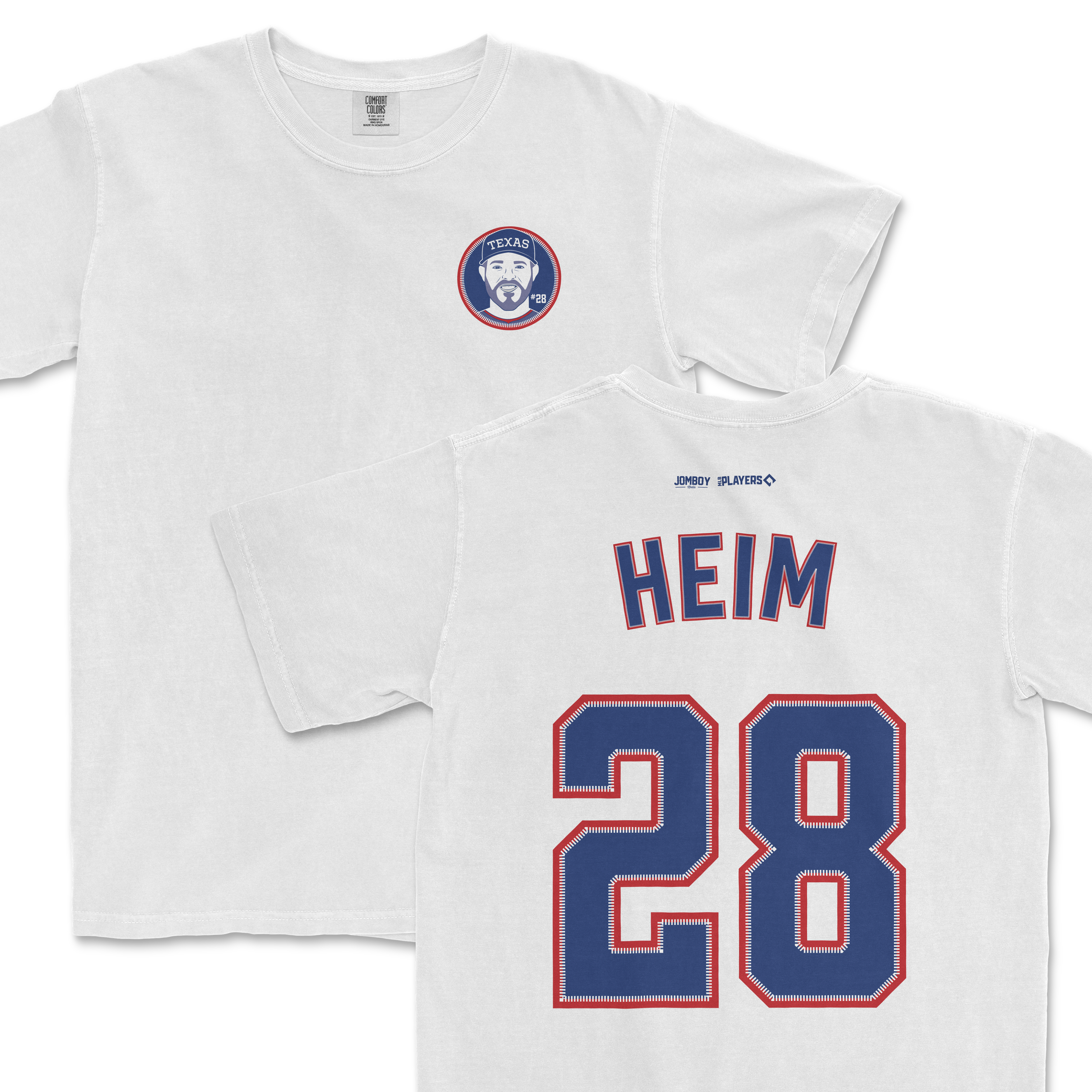 White Comfort Colors tee featuring a front logo of Jonah Heim with a Texas emblem, and a back with "HEIM 28" in bold blue and red lettering.