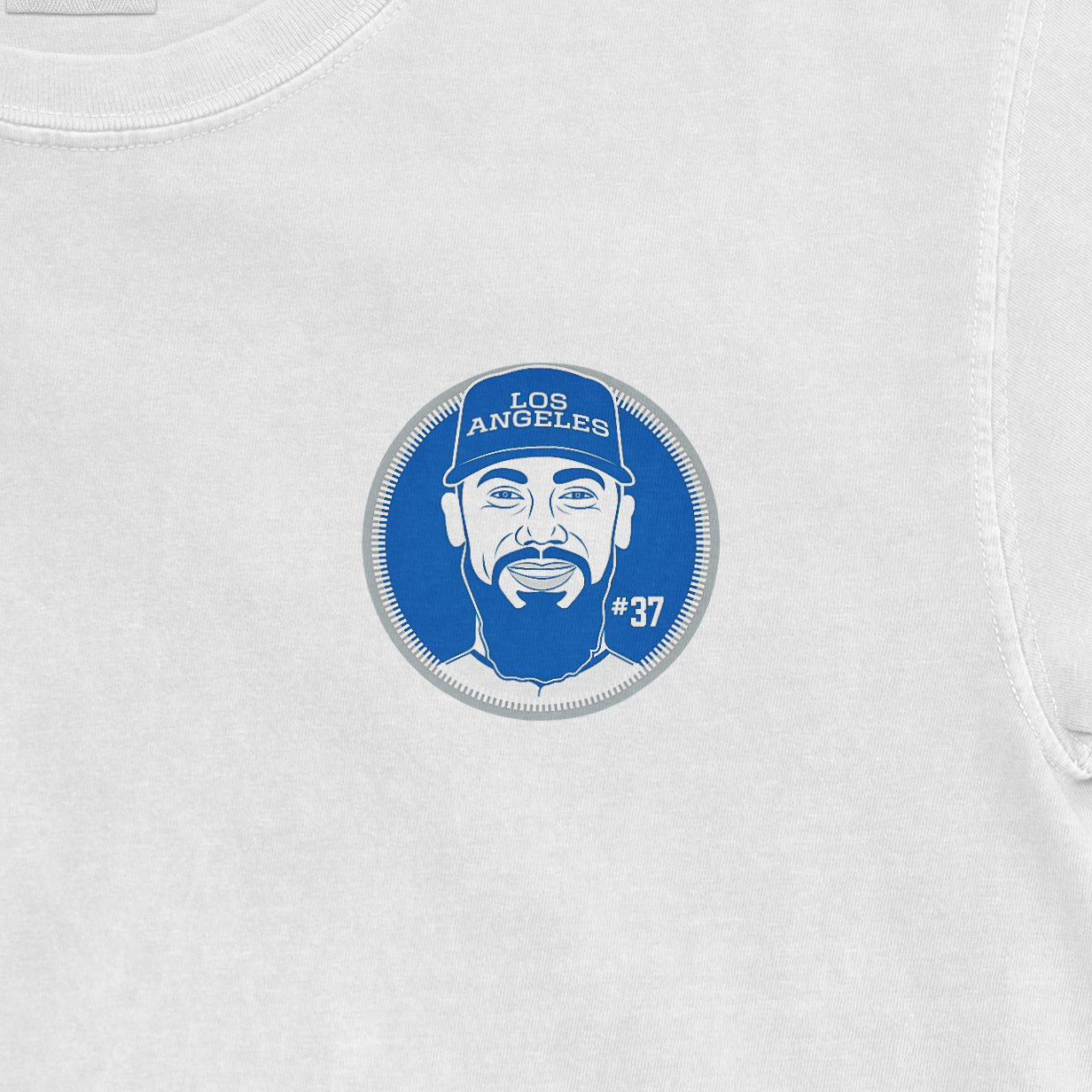 White T-shirt featuring a blue and white graphic of Teoscar Hernandez with "Los Angeles" and "#37" printed on a cap.