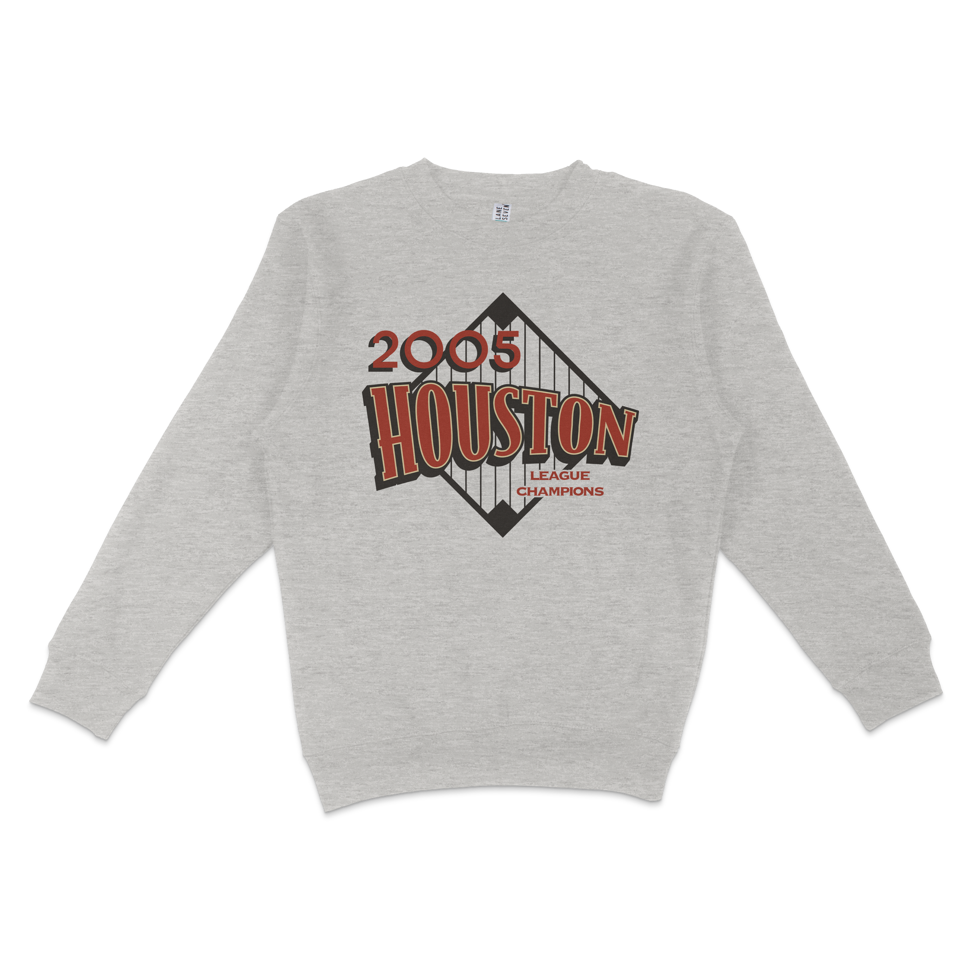 Gray crewneck sweatshirt featuring a vintage-style graphic of the Houston skyline, "2005" and "League Champions" text.