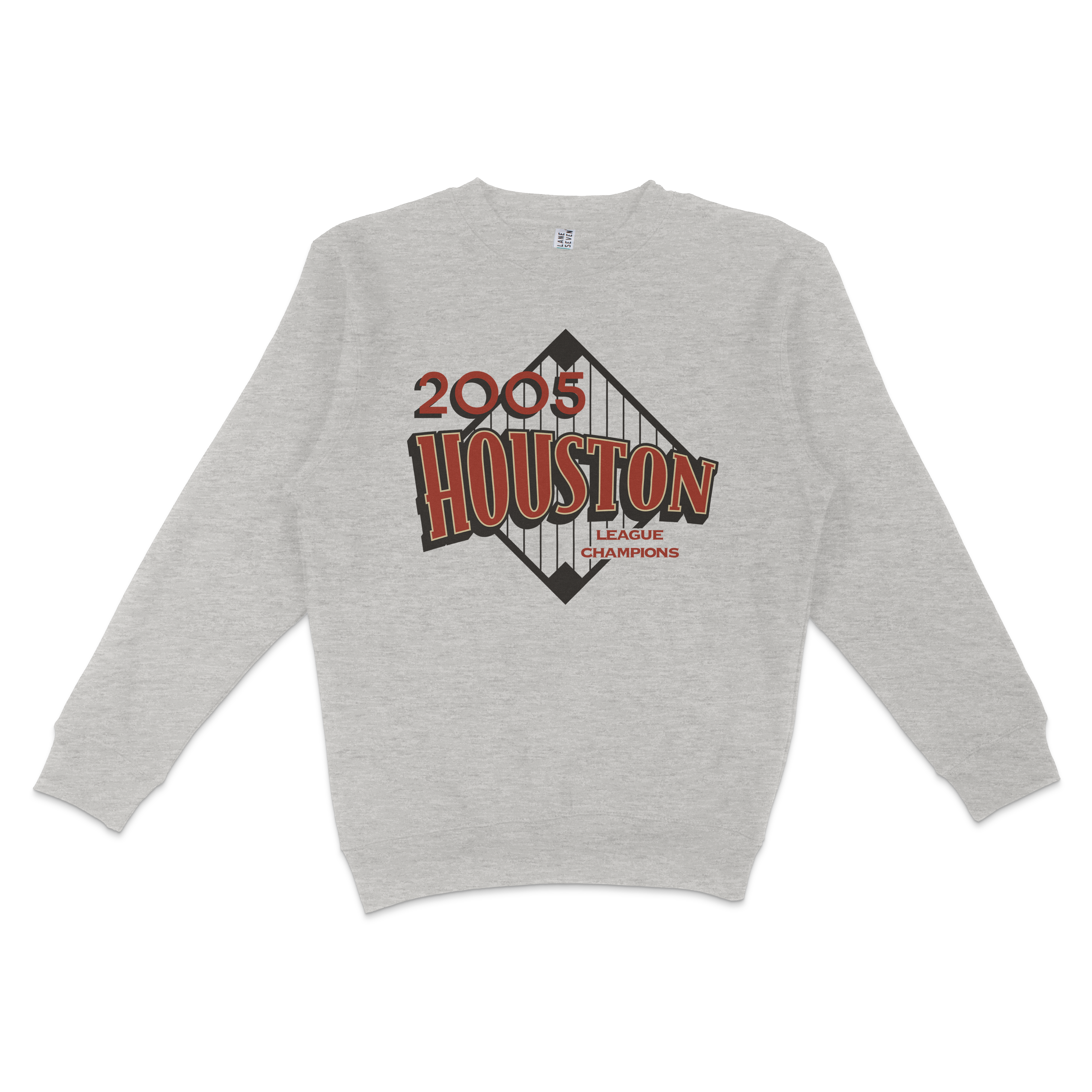 Gray crewneck sweatshirt featuring a vintage-style graphic of the Houston skyline, "2005" and "League Champions" text.