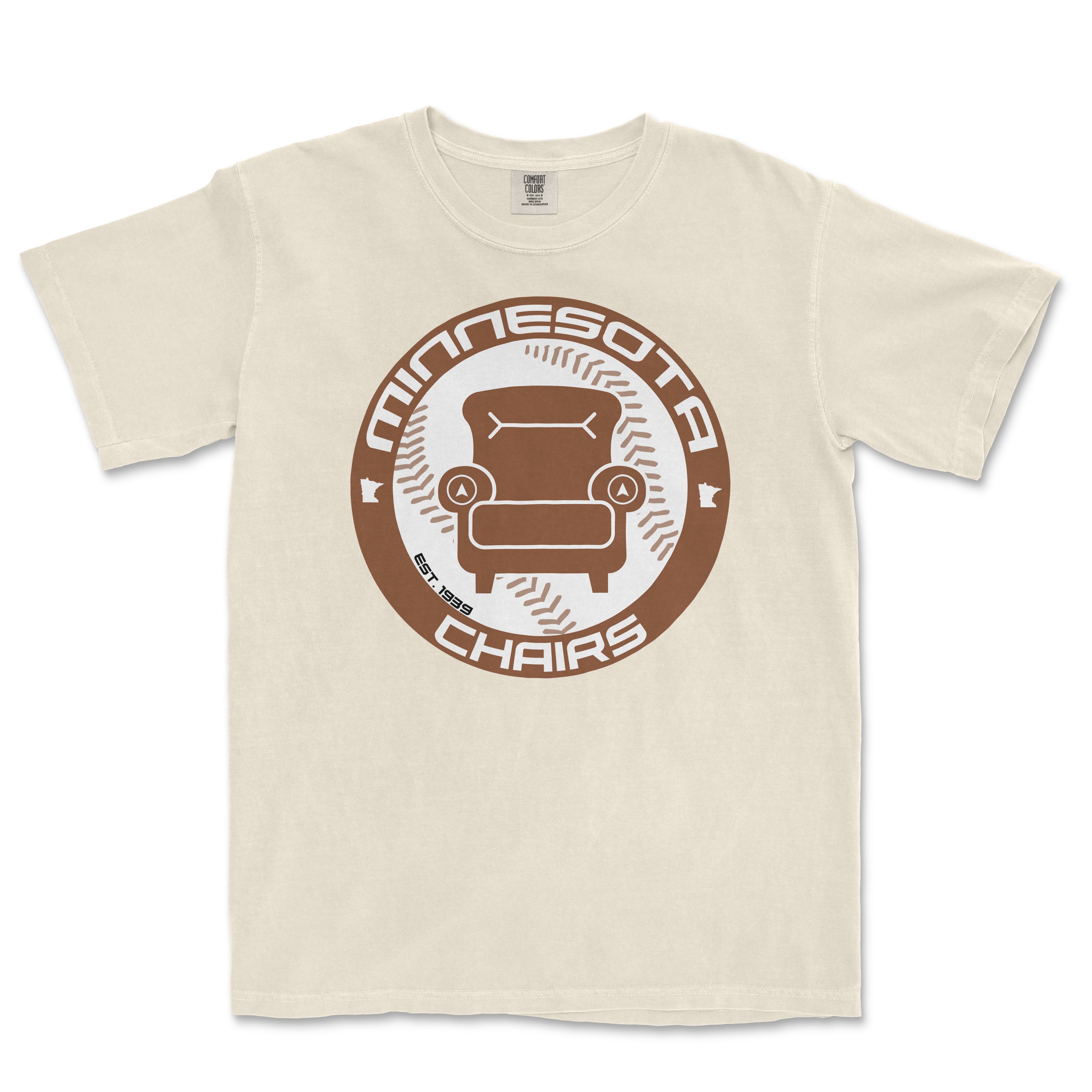 Beige Comfort Colors T-shirt featuring a circular graphic design with a chair illustration, "Minnesota Chairs" text, and "We Got Ice" branding.