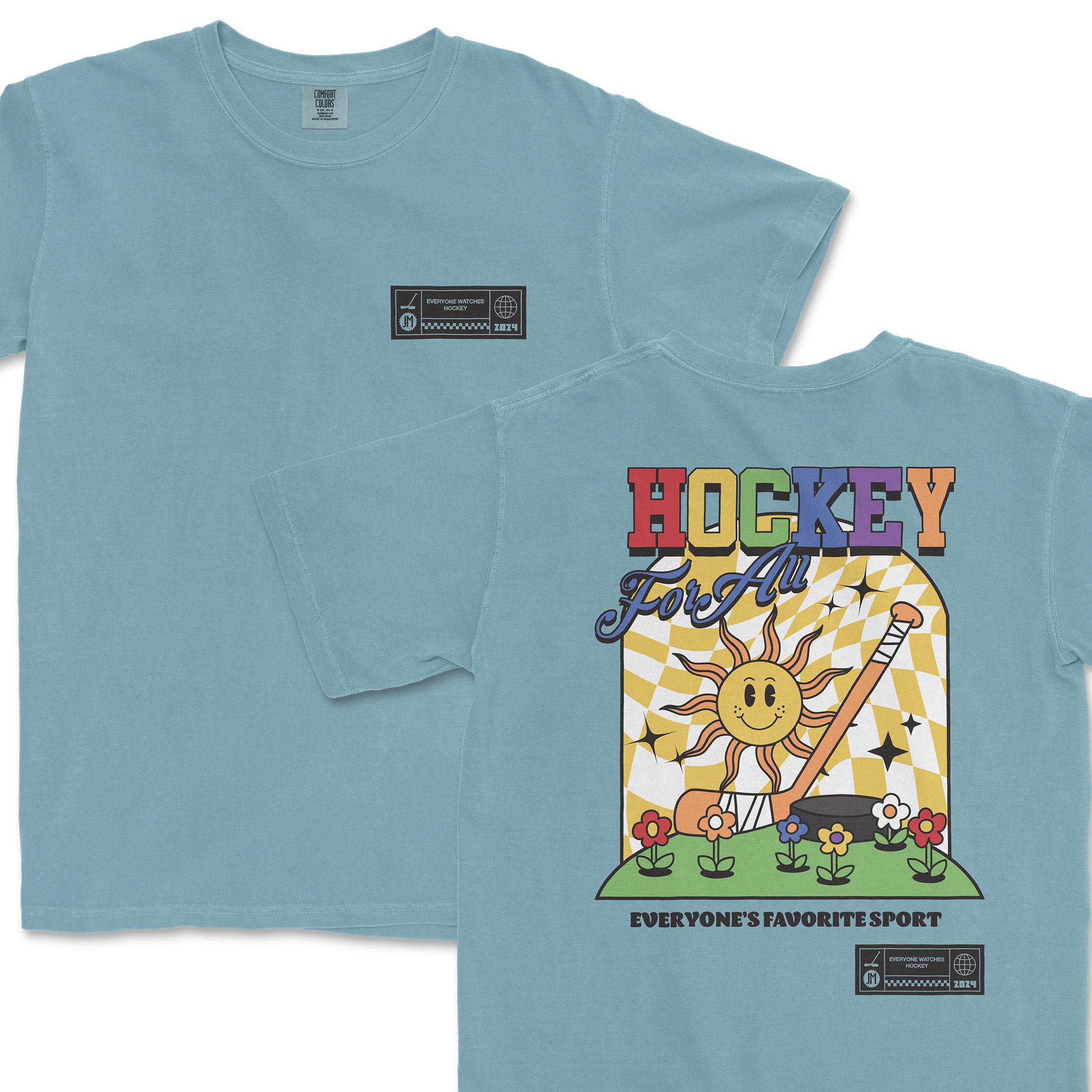 Light blue Comfort Colors T-shirt featuring colorful "Hockey For All" text, a smiling sun with a hockey stick, and floral design.